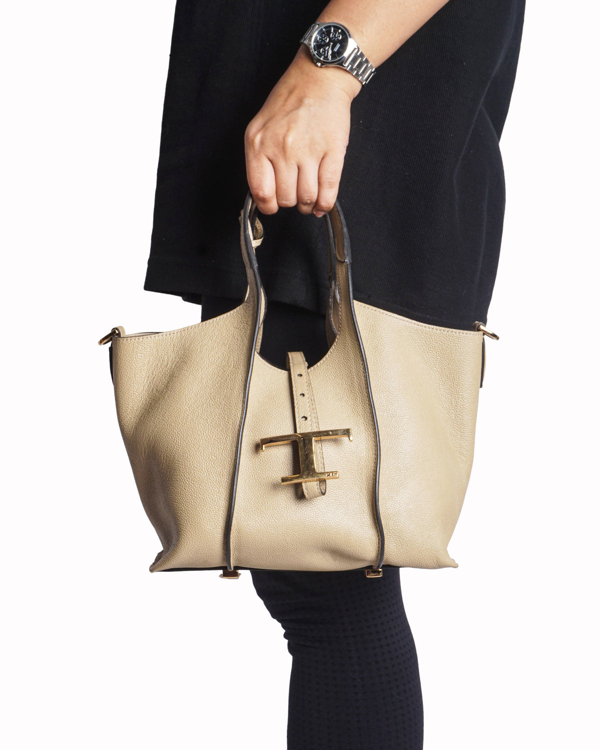 Tod's Taupe Pebbled Leather T Timeless Small Tote Bag