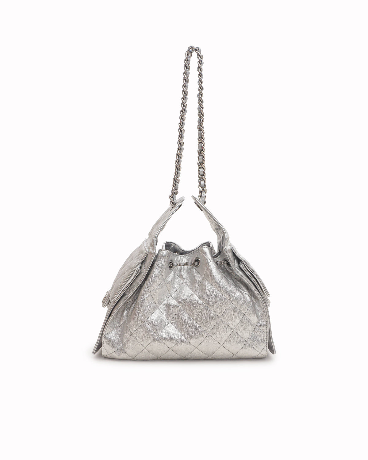 Chanel Metallic Silver Caviar Quilted Mini 25 Drawstring Bag