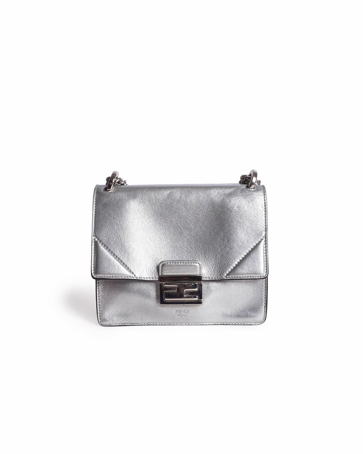 Fendi Kan U Small Silver Metallic Leather Shoulder Bag