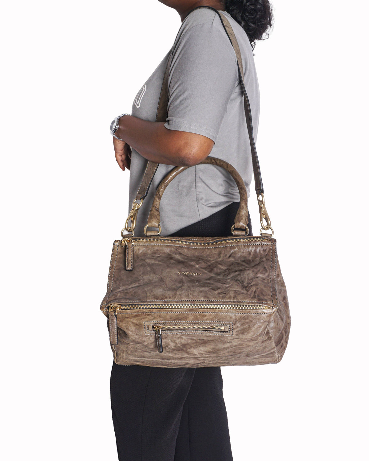 Givenchy Taupe Pepe Crinkled Leather Medium Pandora Bag