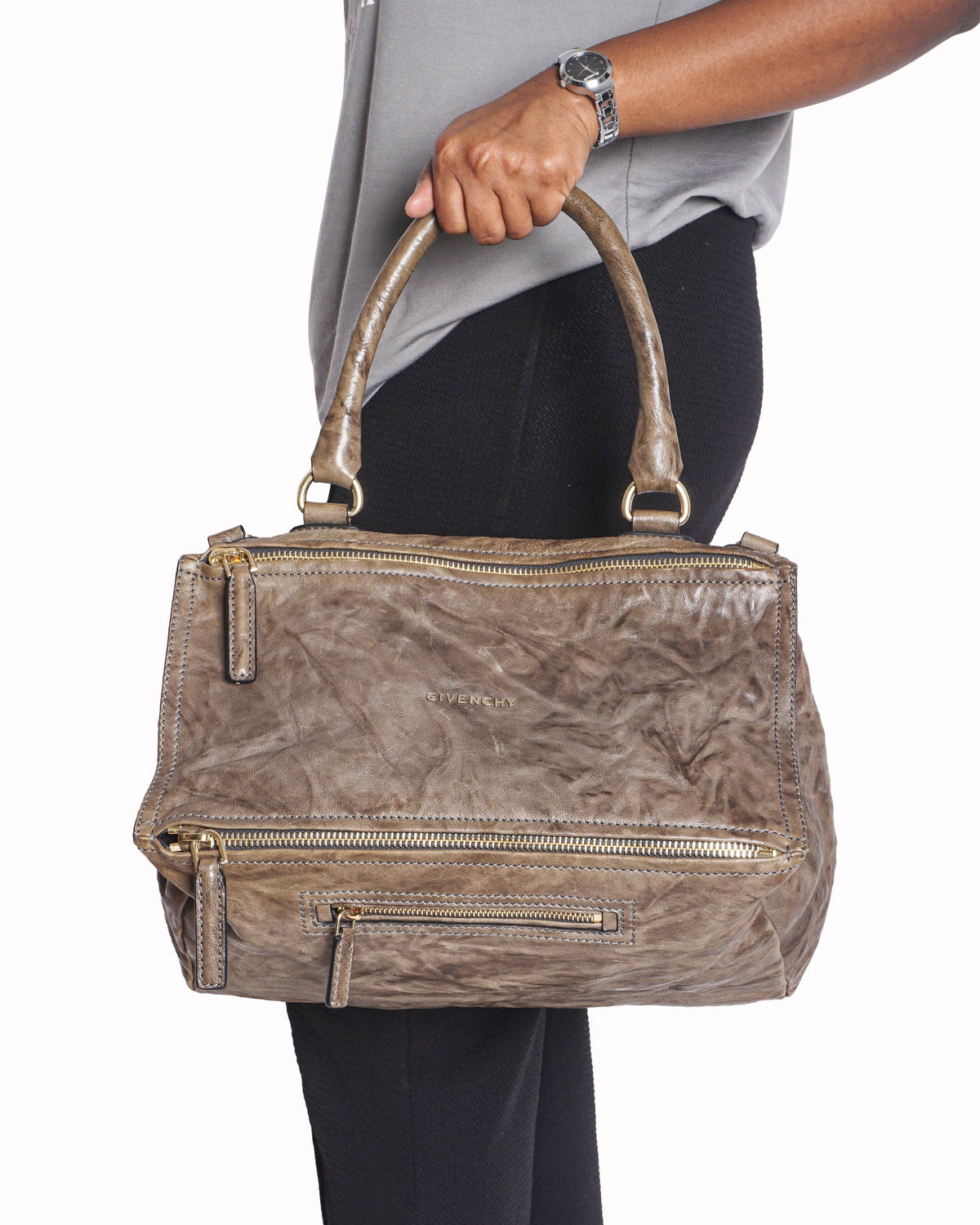 Givenchy Taupe Pepe Crinkled Leather Medium Pandora Bag