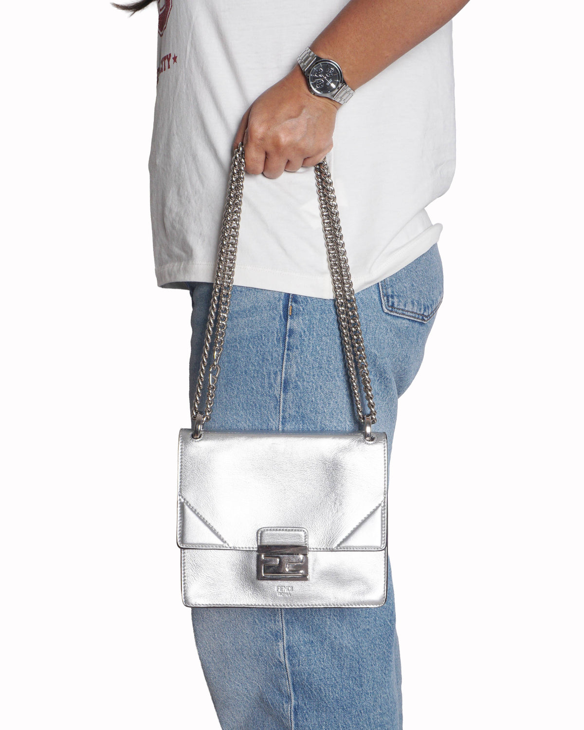 Fendi Kan U Small Silver Metallic Leather Shoulder Bag