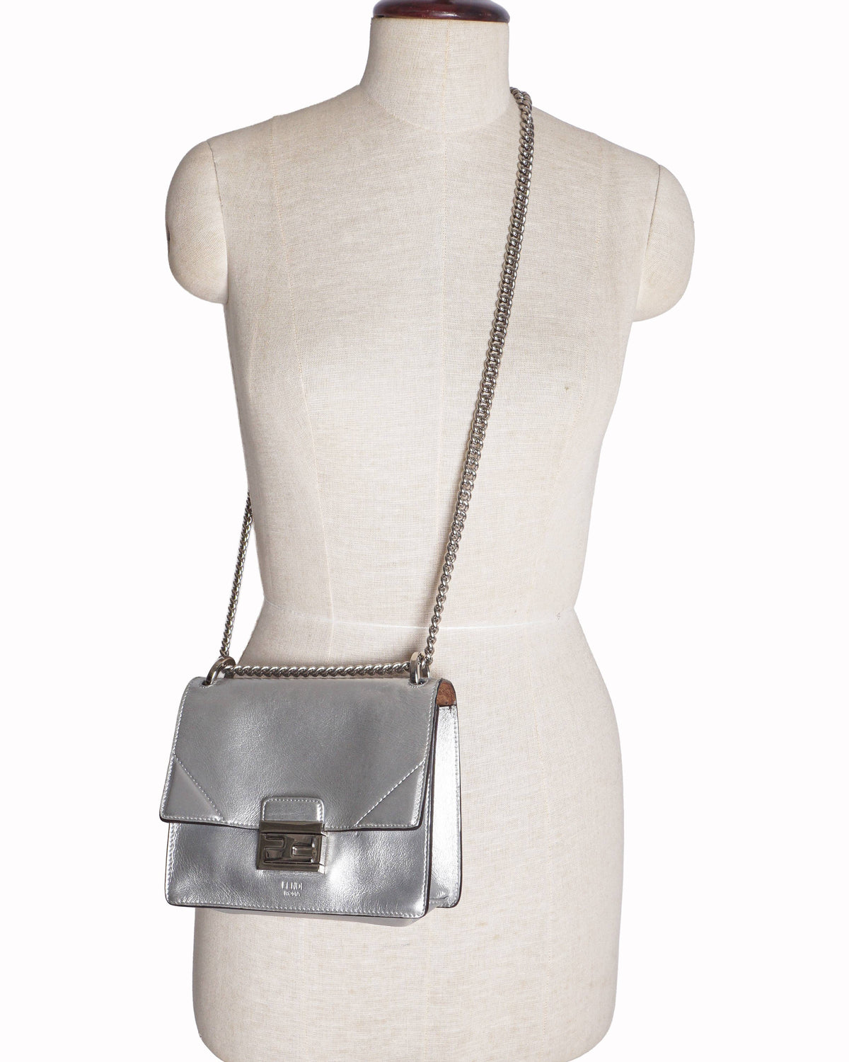 Fendi Kan U Small Silver Metallic Leather Shoulder Bag