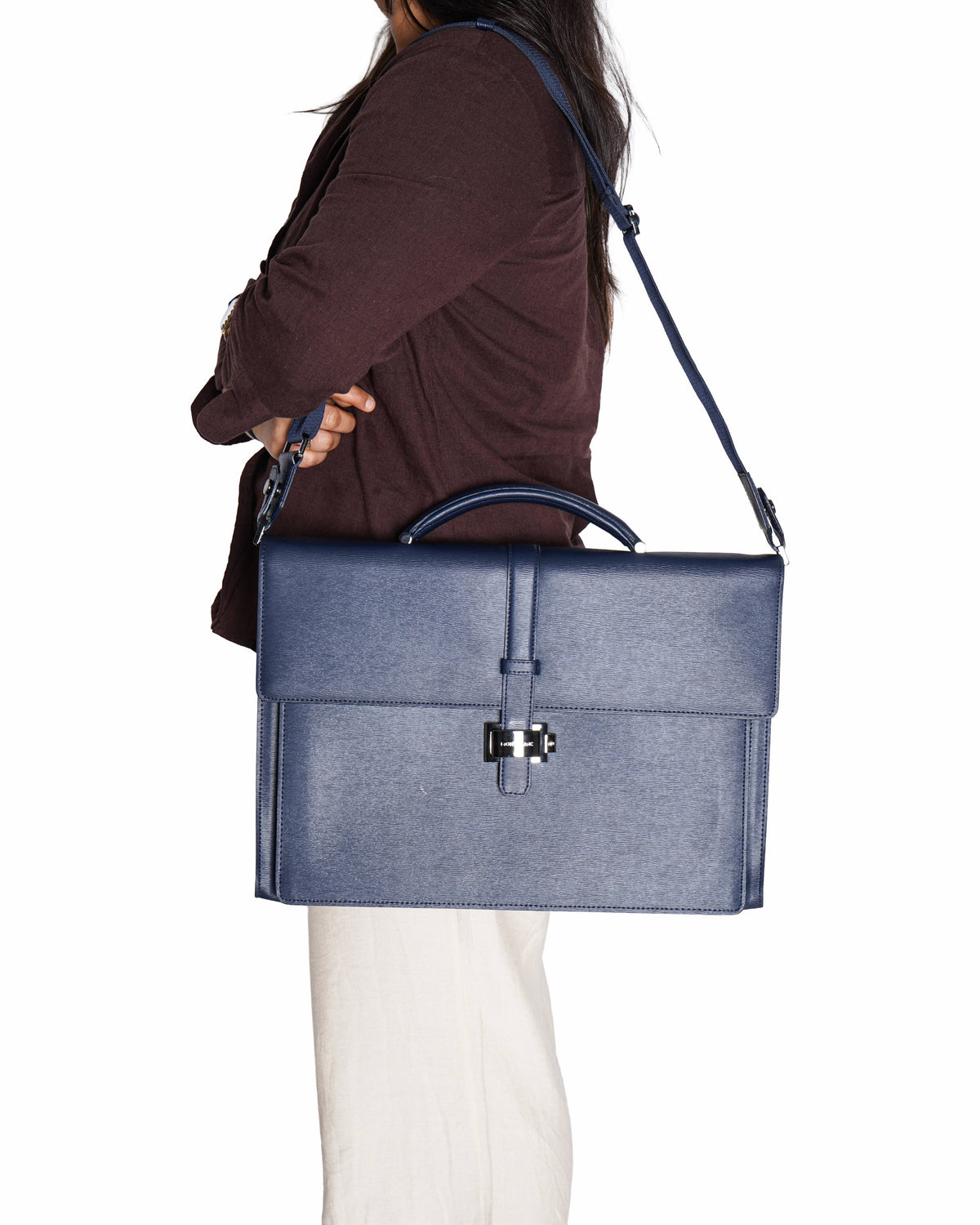 Mont Blanc Leather Westside Double Gusset Briefcase In Navy Blue