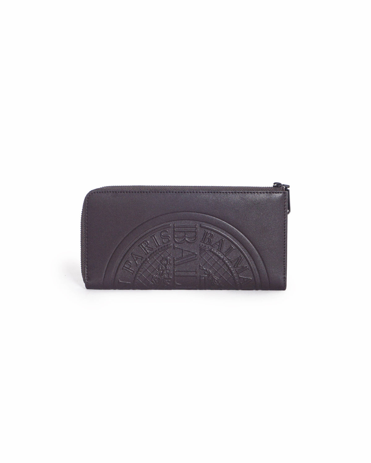Balmain Dark Brown Embossed Leather Zip-Around Wallet