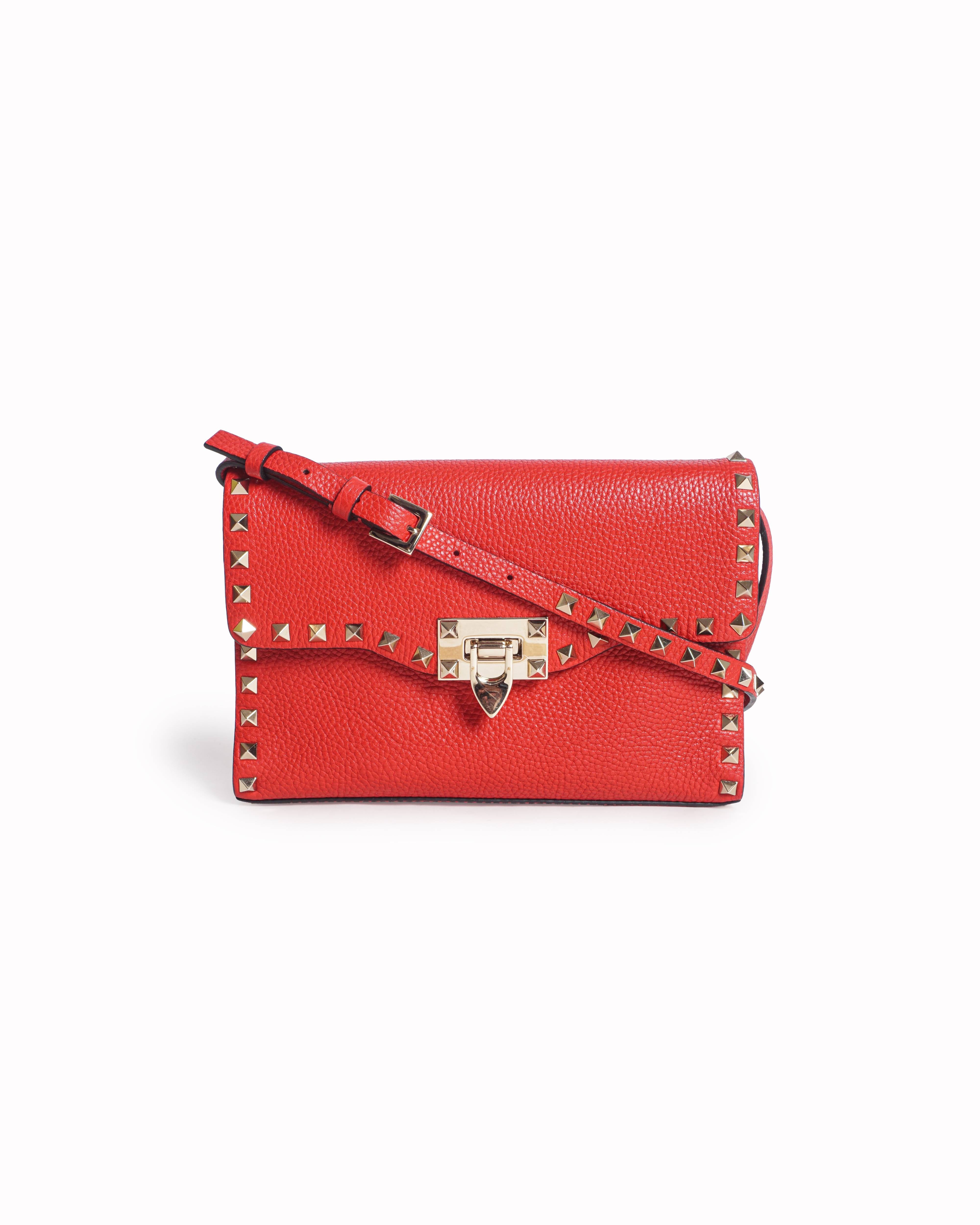 Valentino Garavani Red Grainy Calfskin Small Rockstud Crossbody Bag