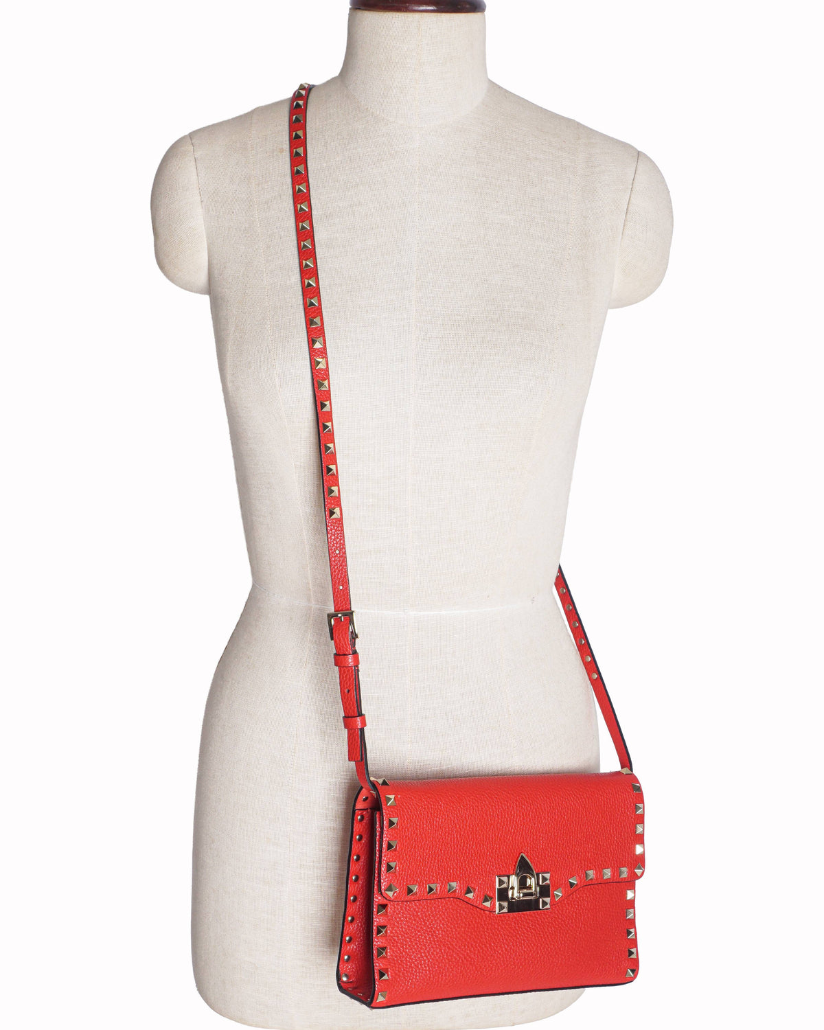 Valentino Garavani Red Grainy Calfskin Small Rockstud Crossbody Bag
