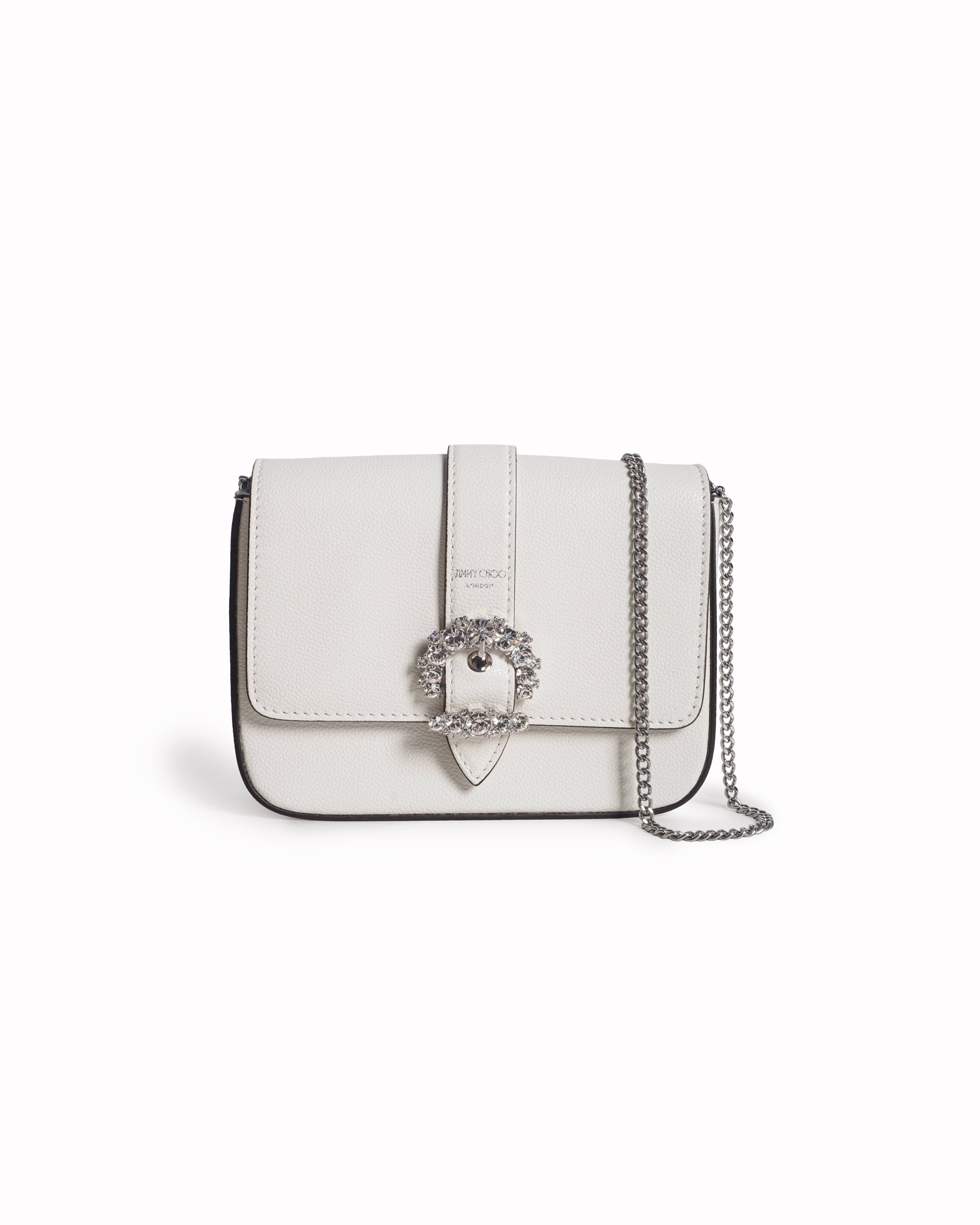 Jimmy Choo Madeline White Leather Crystal Buckle Crossbody Bag