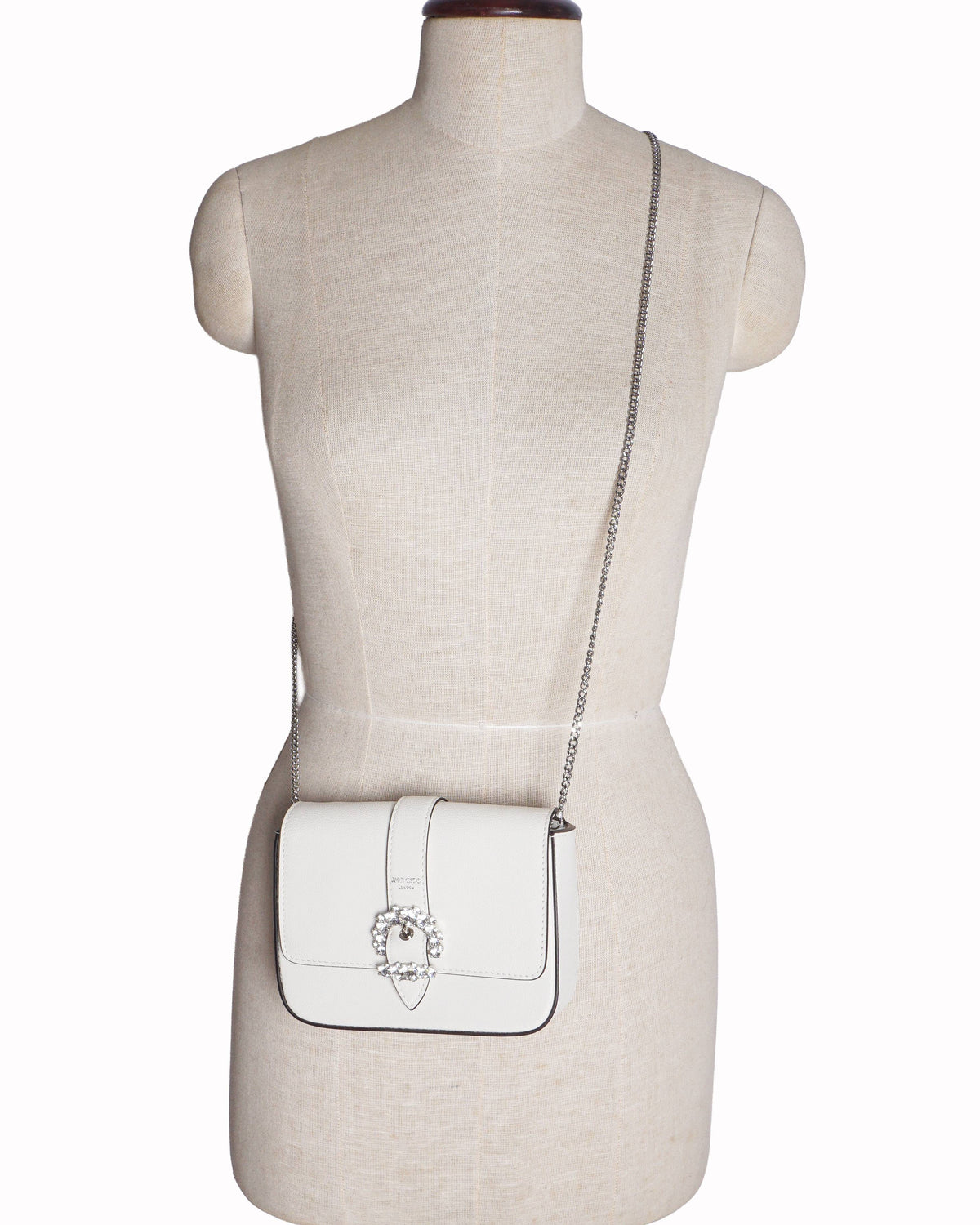 Jimmy Choo Madeline White Leather Crystal Buckle Crossbody Bag
