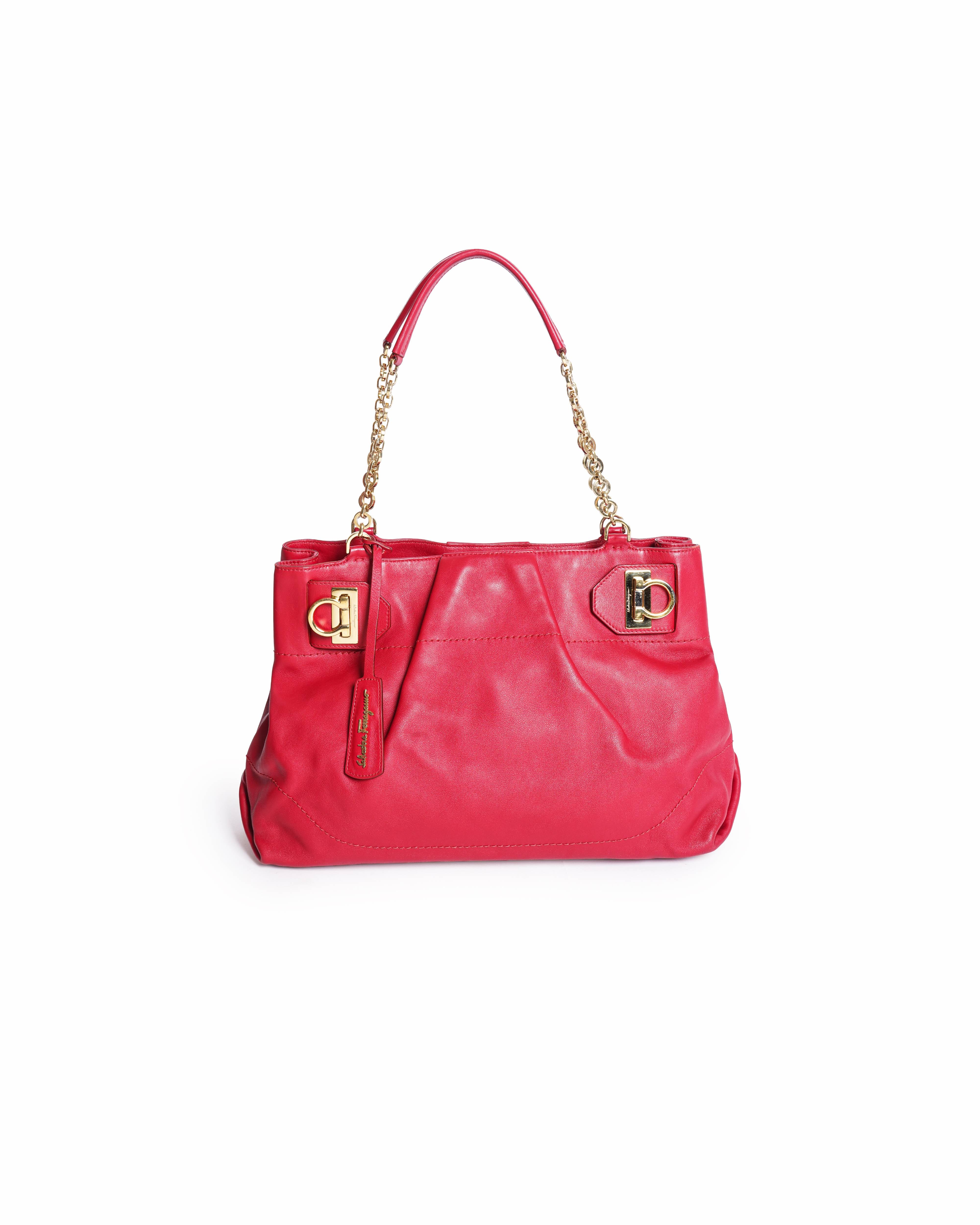Salvatore Ferragamo Red Leather Gancini Chain Tote