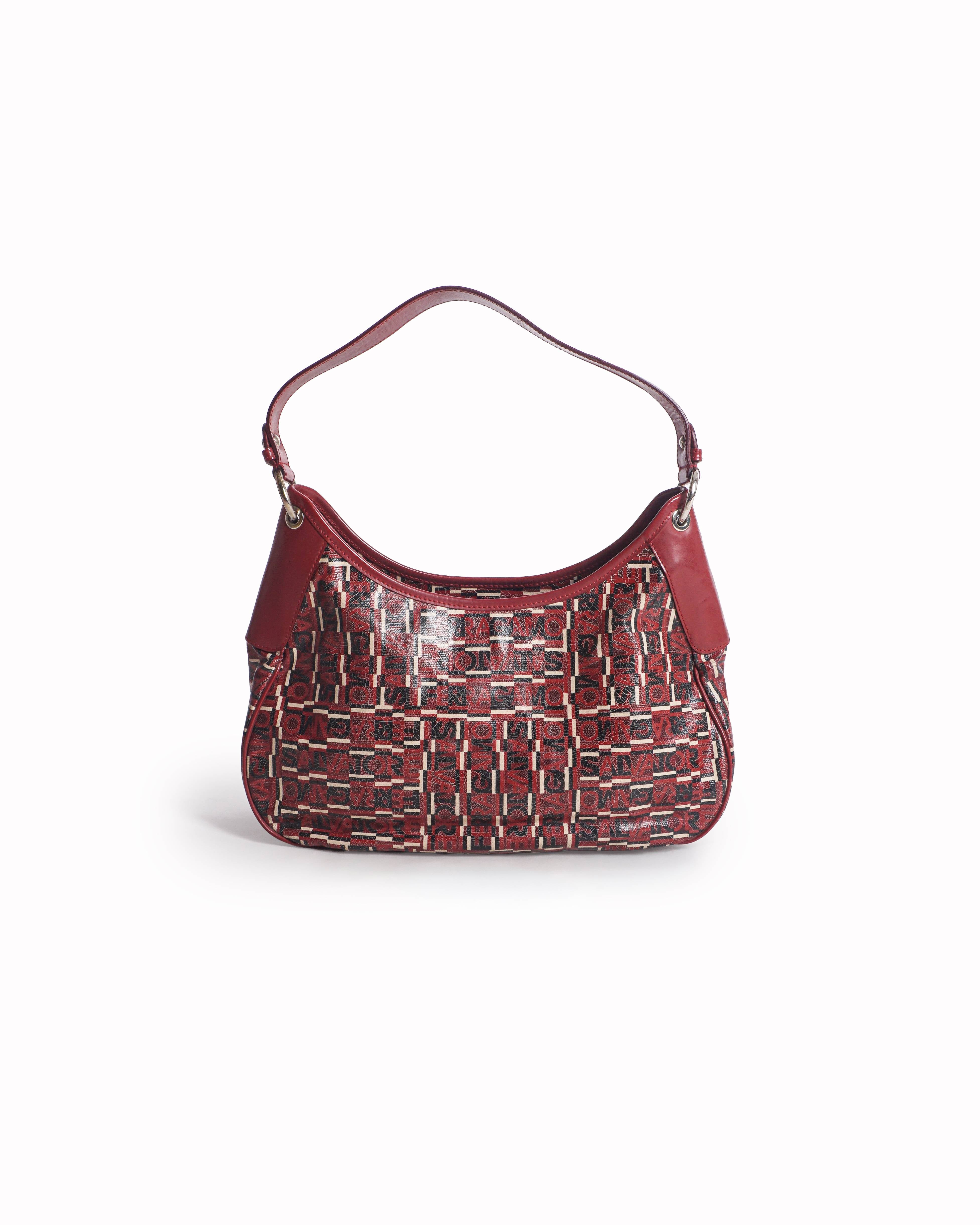 Salvatore Ferragamo Red Printed Logo Leather Shoulder Bag