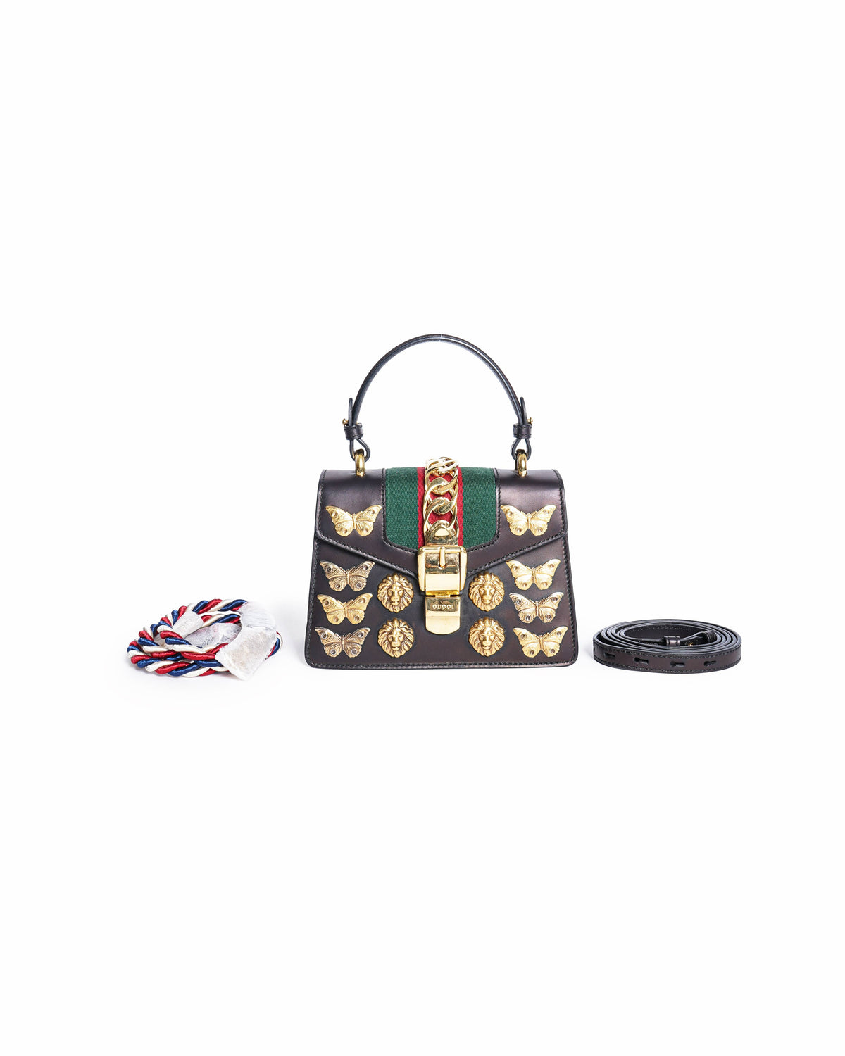 Gucci Black Leather Mini Sylvie Animal Stud Embellished Top Handle Bag