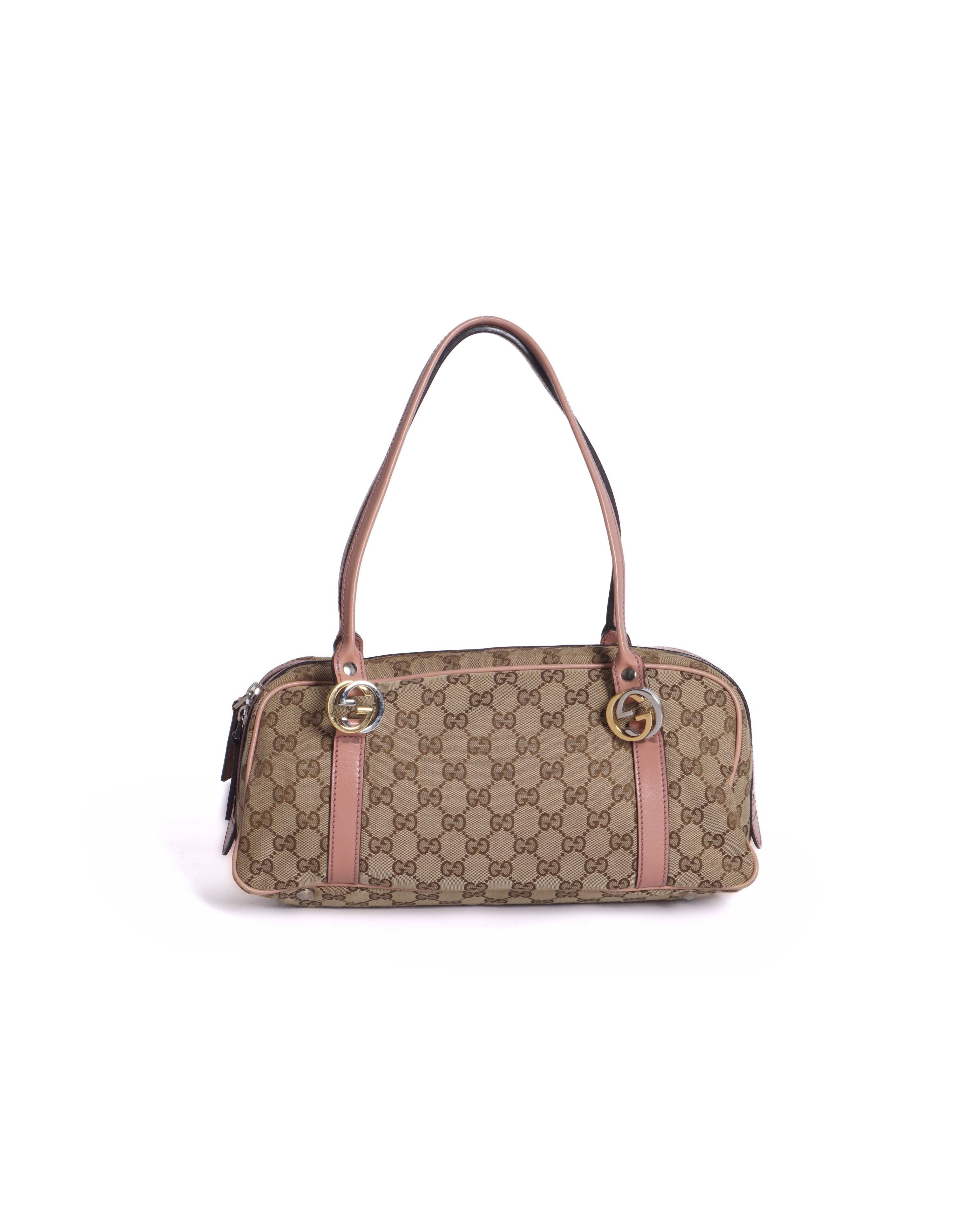s*a様 VINTAGE GUCCI GG CAVAS MONOGRAM VEL Gucci Vintage GG Canvas Pink Leather Shoulder Bag | Authentic Pre