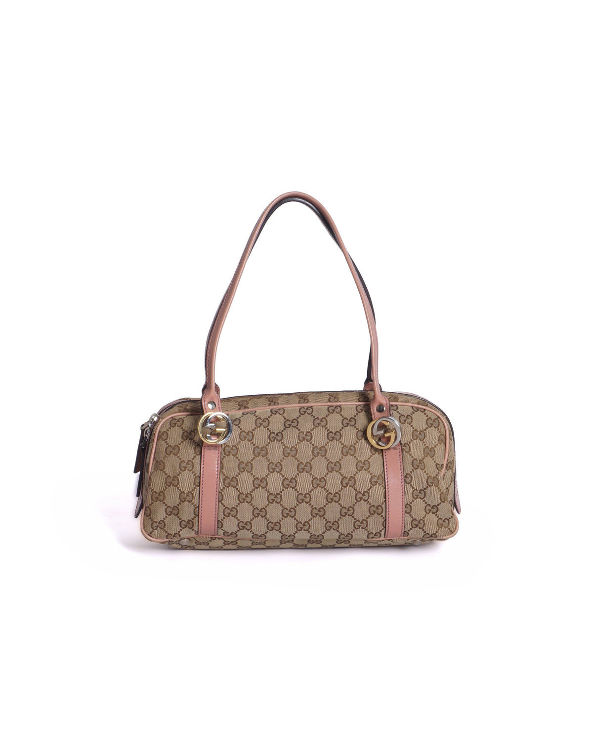 Gucci Vintage GG Canvas Pink Leather Trim Shoulder Bag