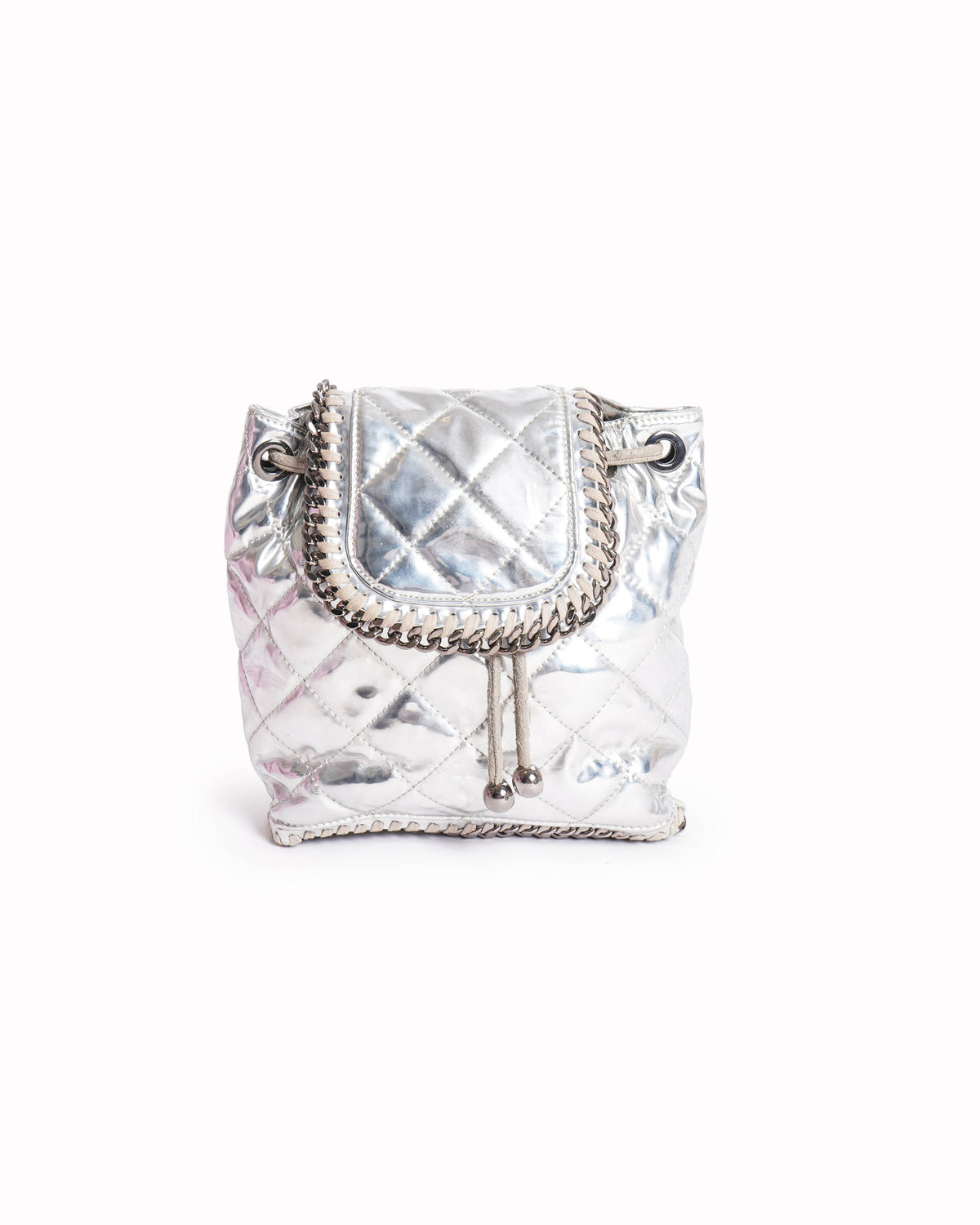 falabella mini backpack silver Stella McCartney White Labellov this bag is adorned with whipstitch chain trim and a logo charm Vegan Backpack Stella Mccartney Falabella