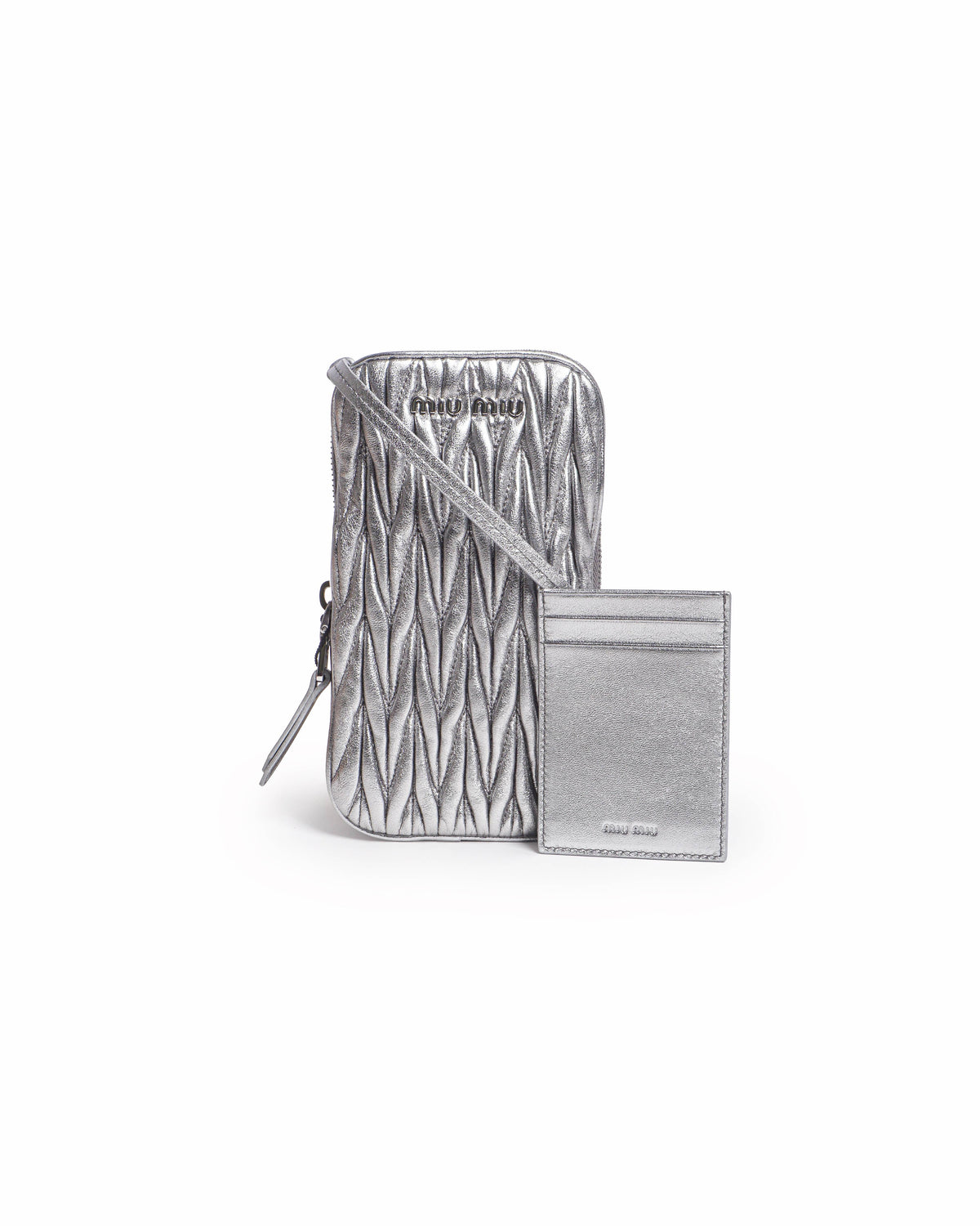 Miu Miu Silver Metallic Matelassé Nappa Leather Phone Holder Crossbody Bag