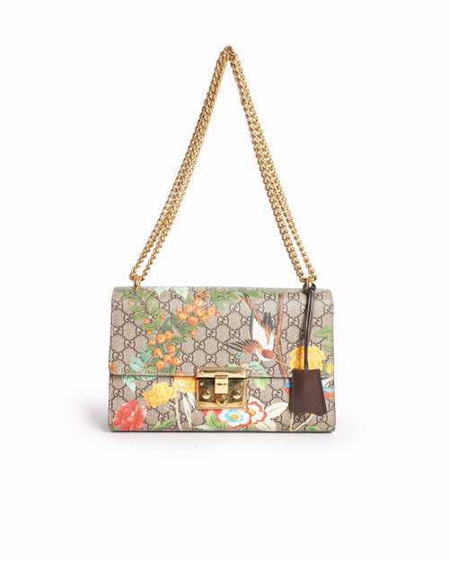 Gucci Beige Multicolor Coated Canvas Tian Padlock Medium Shoulder Bag