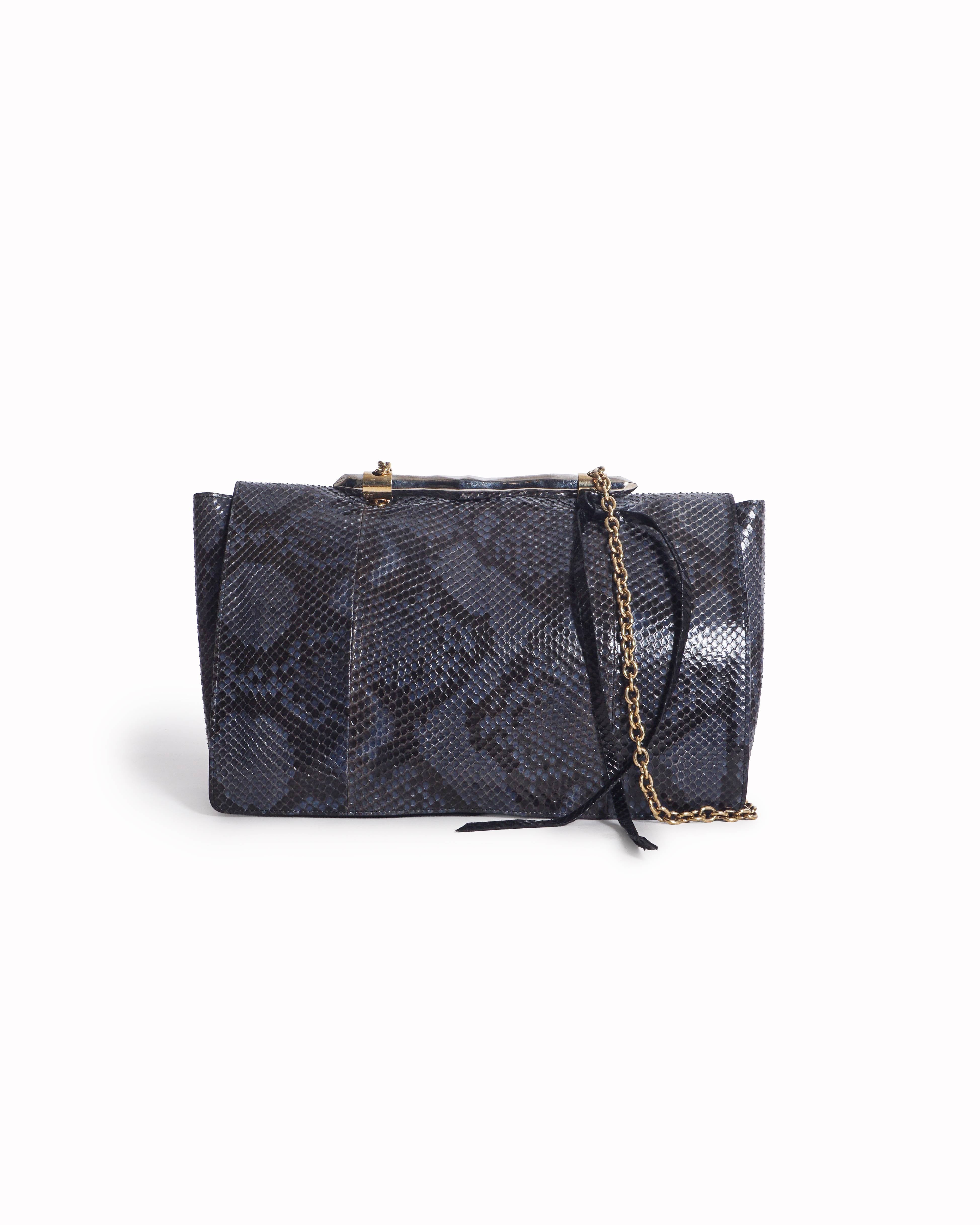 Jimmy Choo Navy Blue Python Leather Chain Shoulder Bag