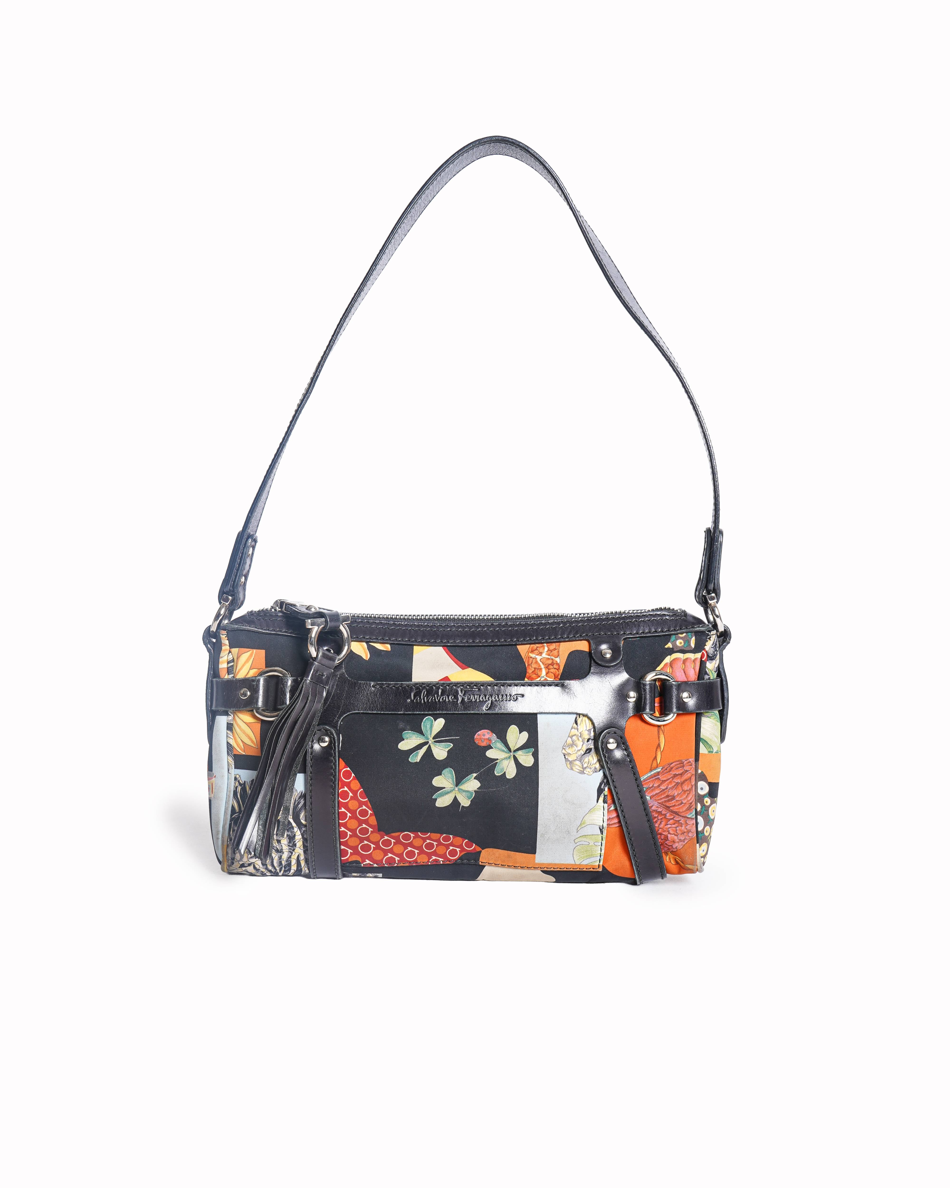 Salvatore Ferragamo Multicolor Nylon and Leather Floral & Abstract Print Shoulder Strap