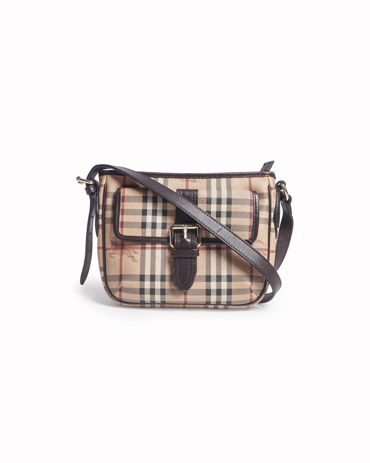 Burberry Haymarket Check Dark Brown Leather Trim Crossbody Bag