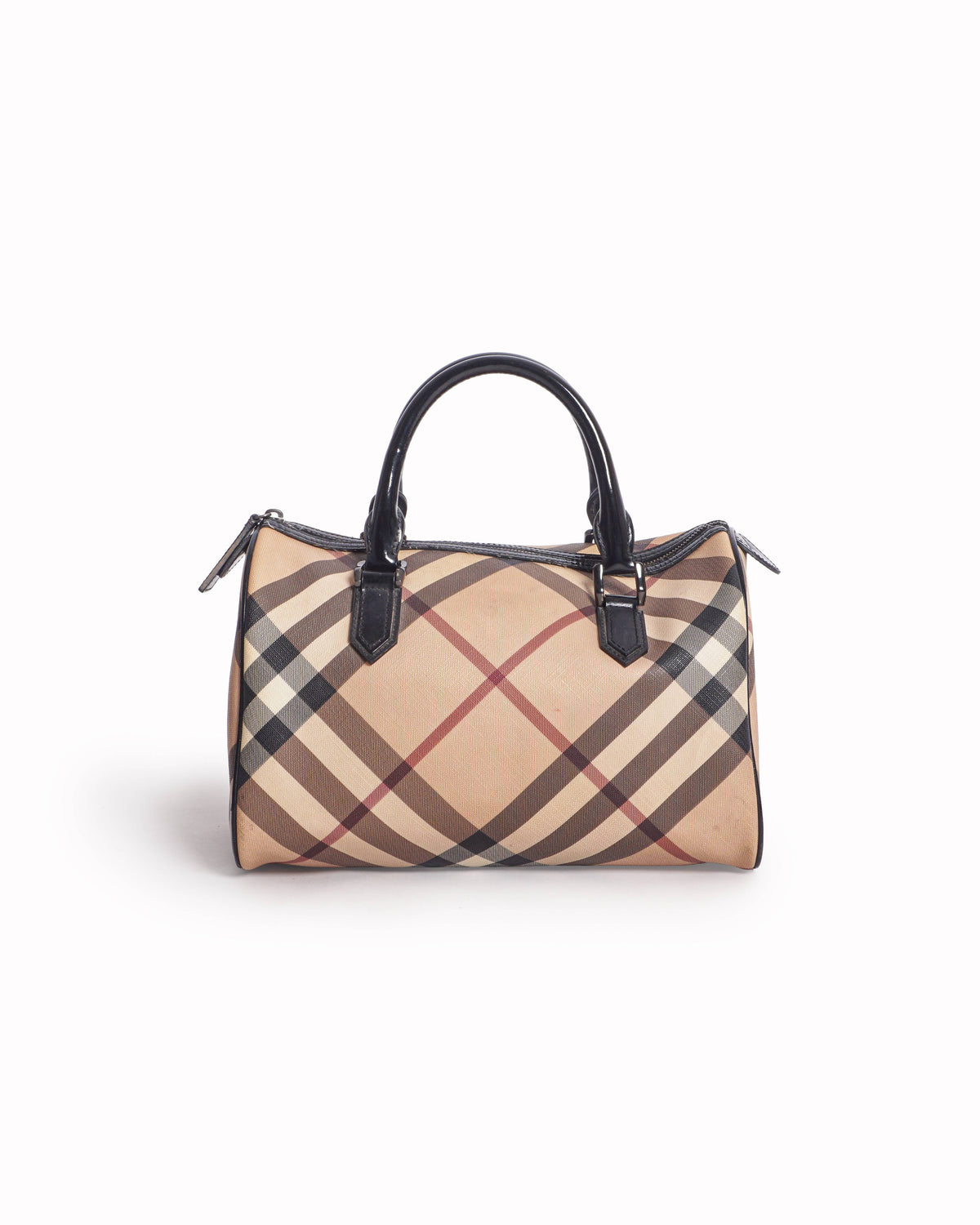 Burberry Black Patent Leather Trim Nova Check Boston Bag