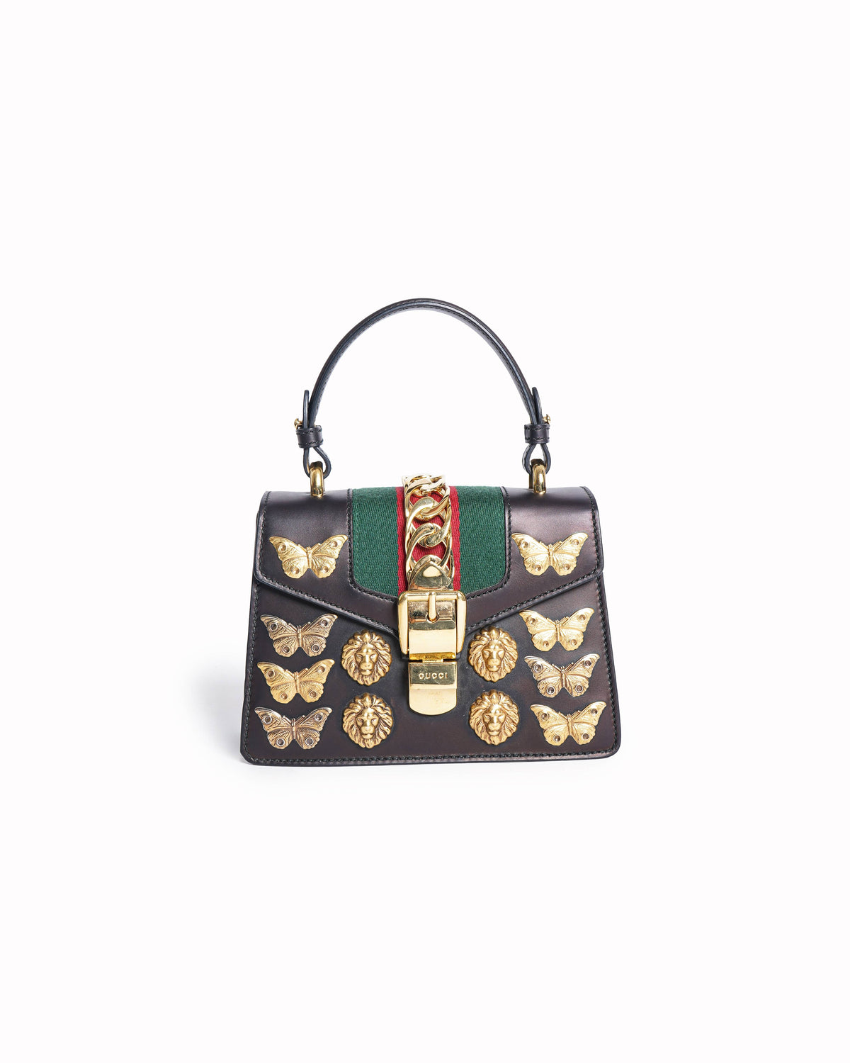 Gucci Black Leather Mini Sylvie Animal Stud Embellished Top Handle Bag