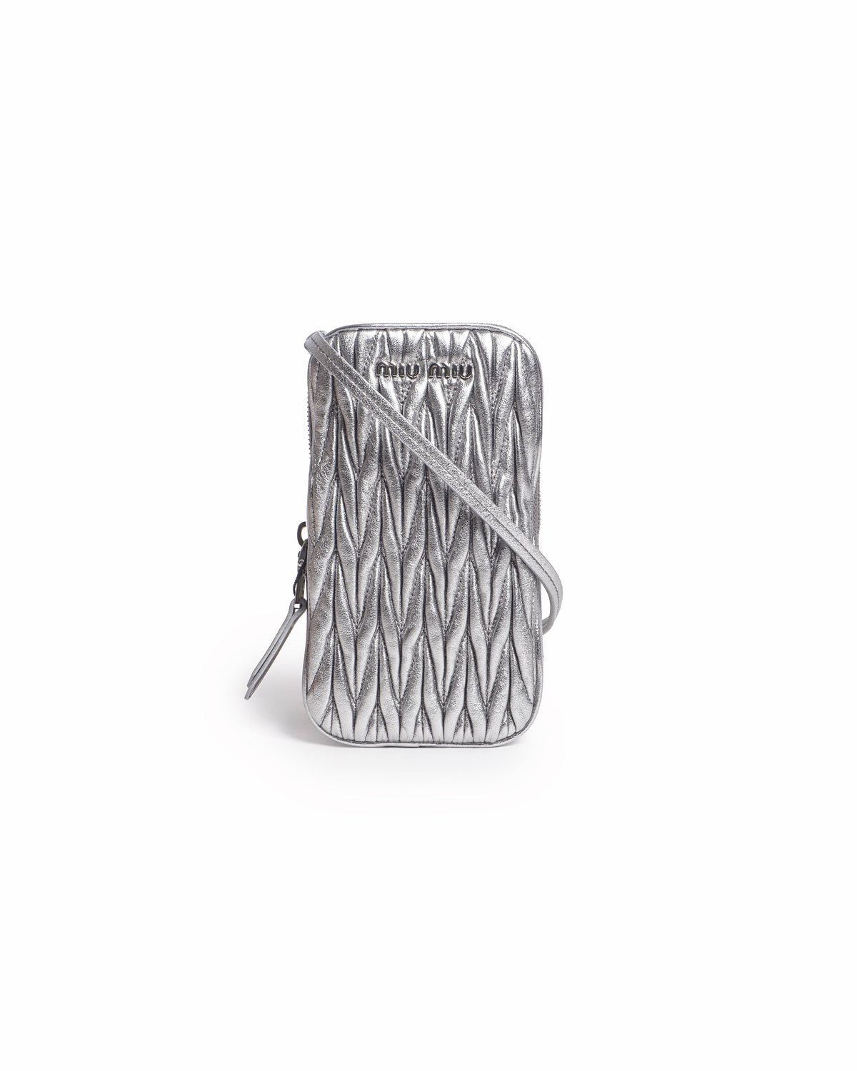 Miu Miu Silver Metallic Matelassé Nappa Leather Phone Holder Crossbody Bag