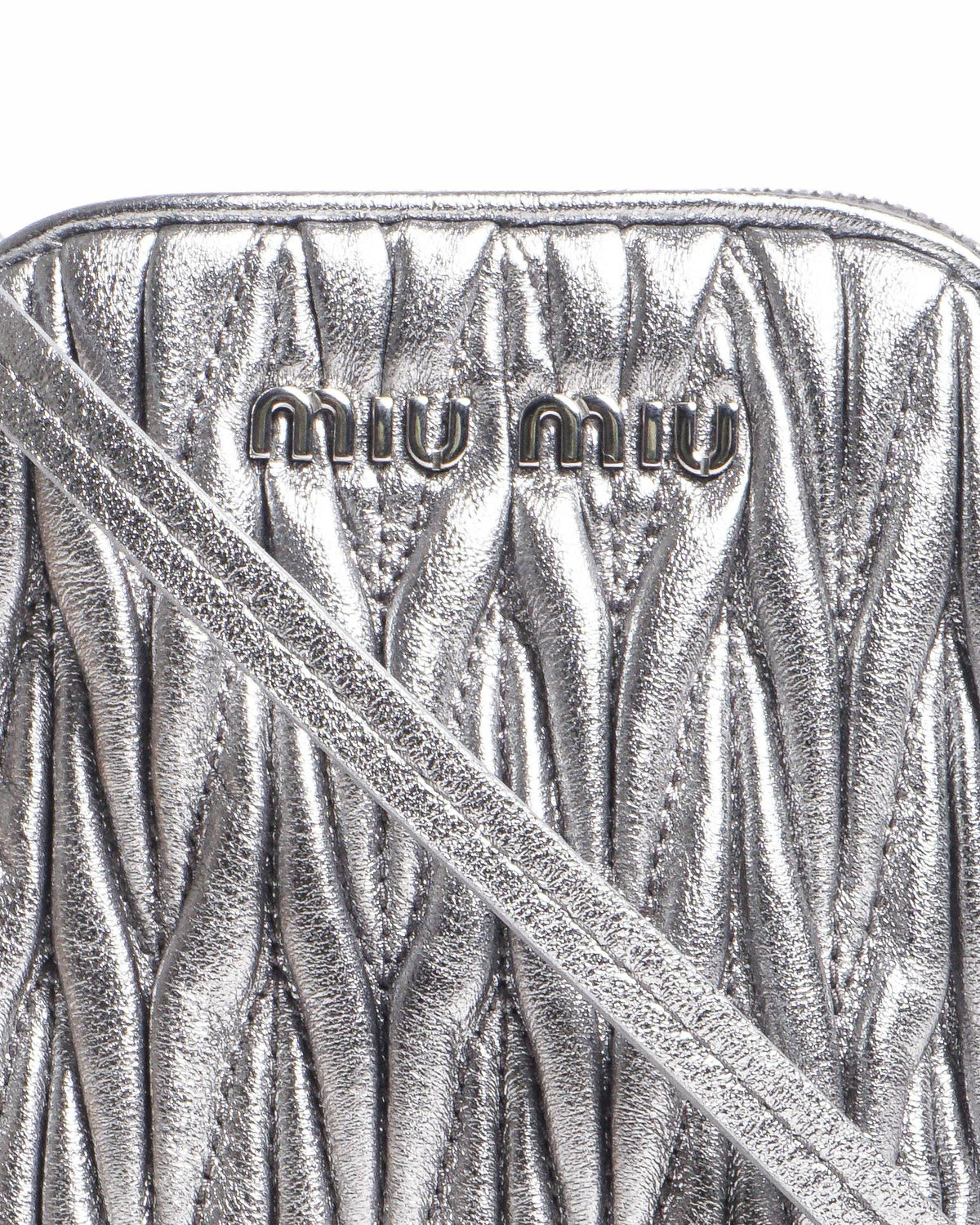 Miu Miu Silver Metallic Matelassé Nappa Leather Phone Holder Crossbody Bag