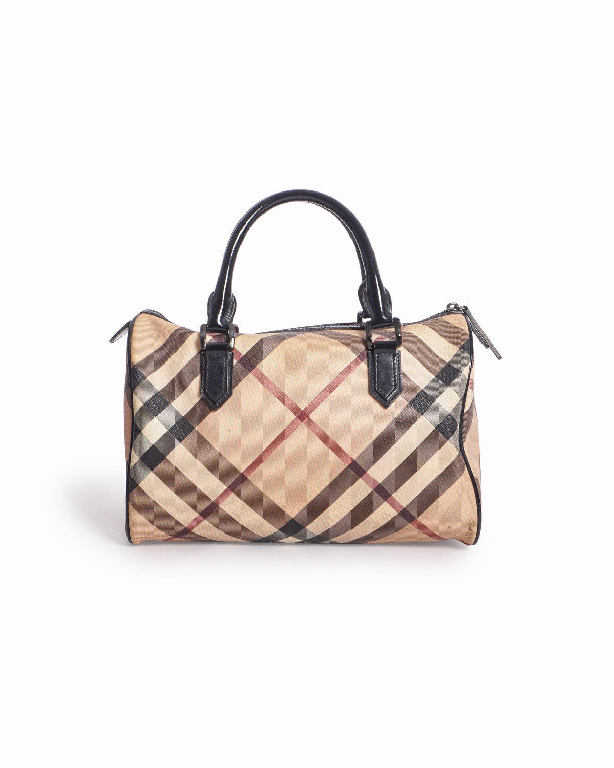 Burberry Black Patent Leather Trim Nova Check Boston Bag
