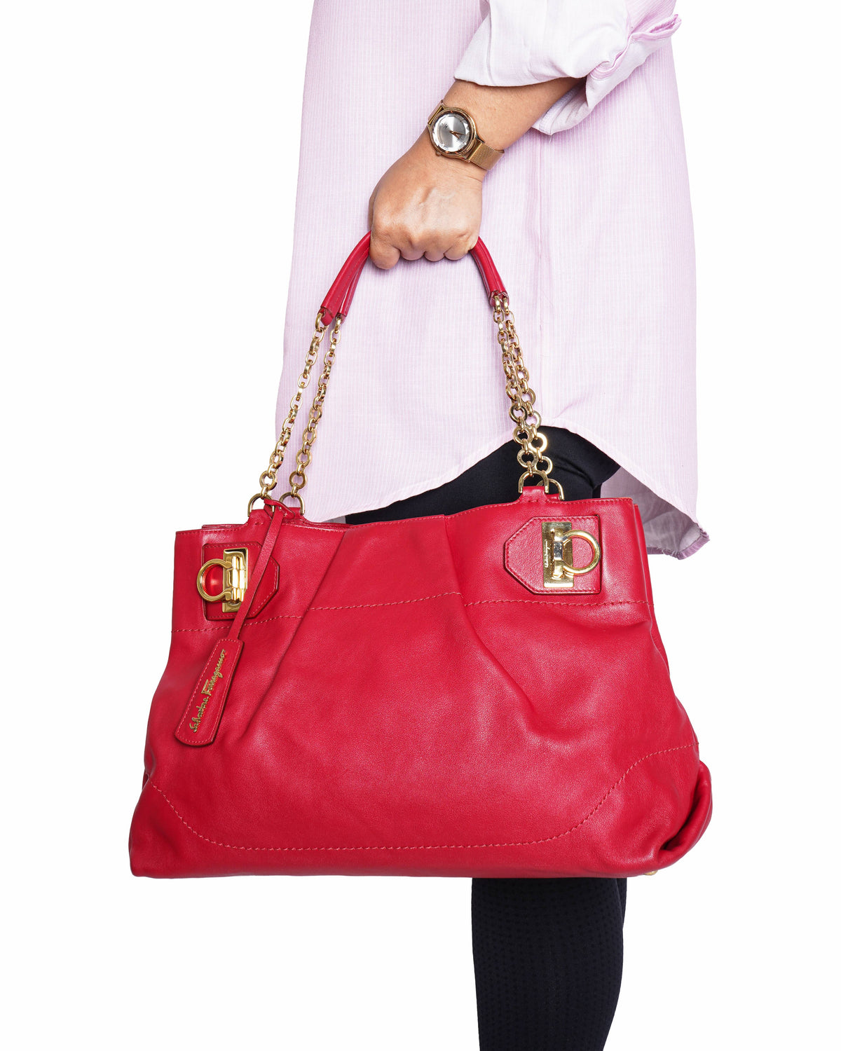Salvatore Ferragamo Red Leather Gancini Chain Tote