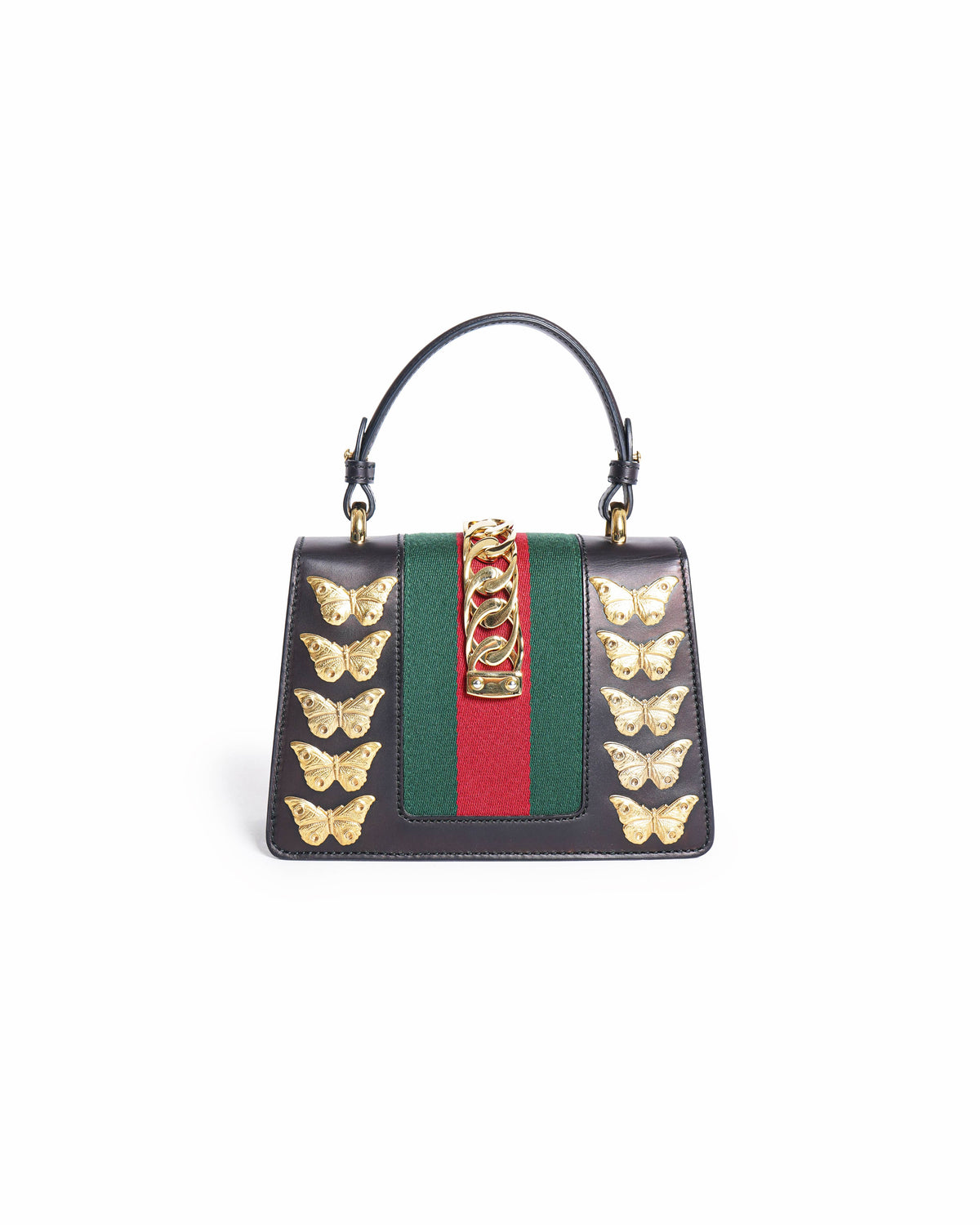 Gucci Black Leather Mini Sylvie Animal Stud Embellished Top Handle Bag