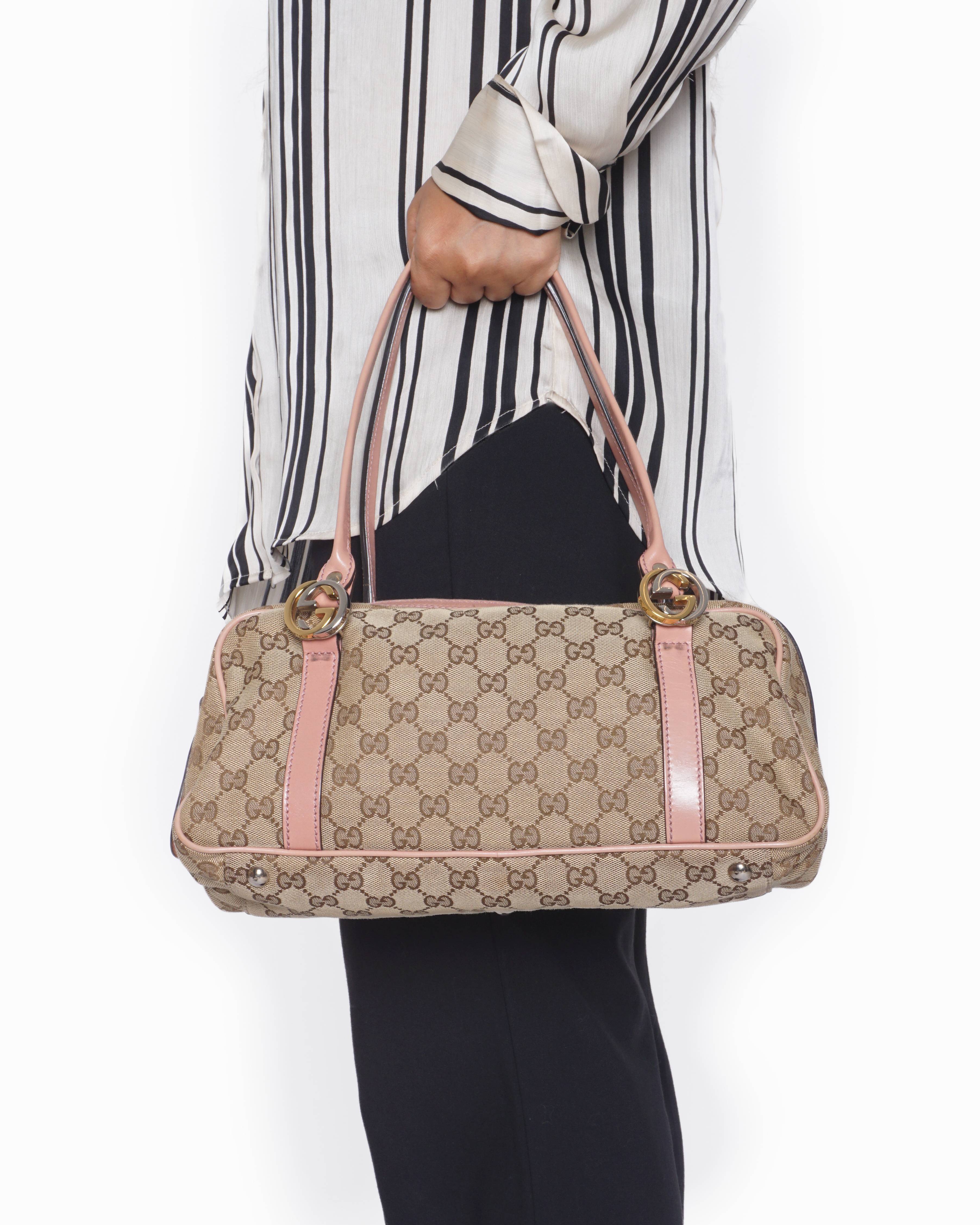 s*a様 VINTAGE GUCCI GG CAVAS MONOGRAM VEL Gucci Vintage GG Canvas Pink Leather Shoulder Bag | Authentic Pre