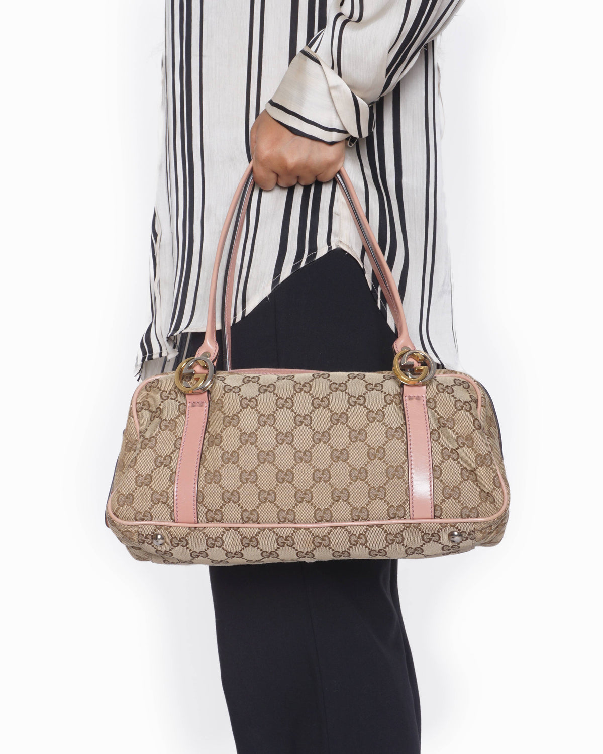 Gucci Vintage GG Canvas Pink Leather Trim Shoulder Bag