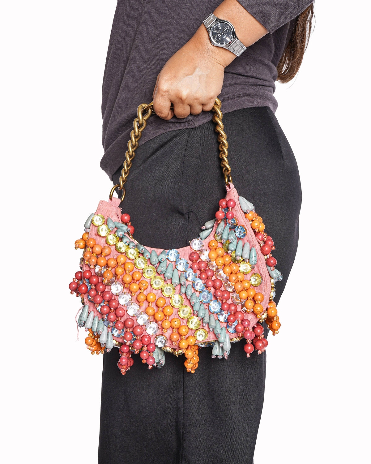 Kurt Geiger Pink Small Chelsea Embellished Hobo Bag