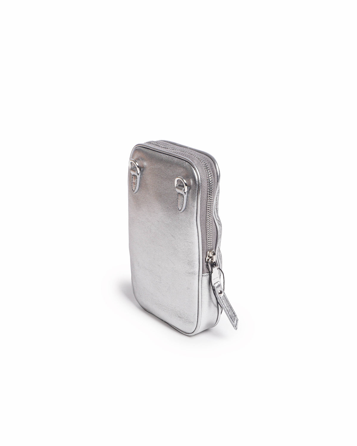 Miu Miu Silver Metallic Matelassé Nappa Leather Phone Holder Crossbody Bag