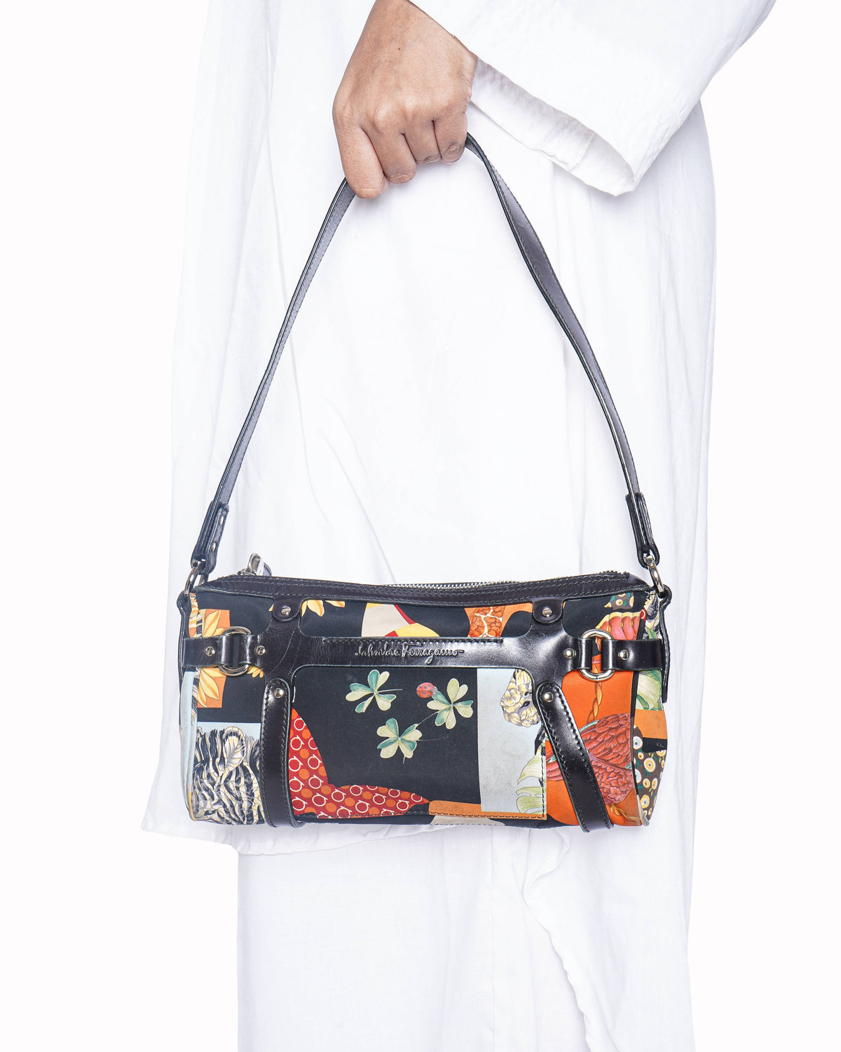 Salvatore Ferragamo Multicolor Nylon and Leather Floral & Abstract Print Shoulder Strap