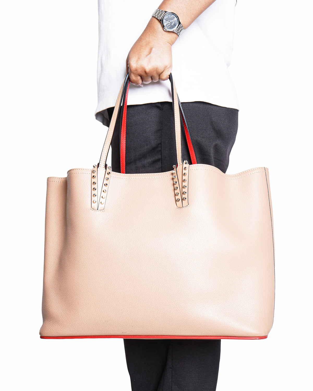 Christian Louboutin Cabata Spiked Beige Leather Tote