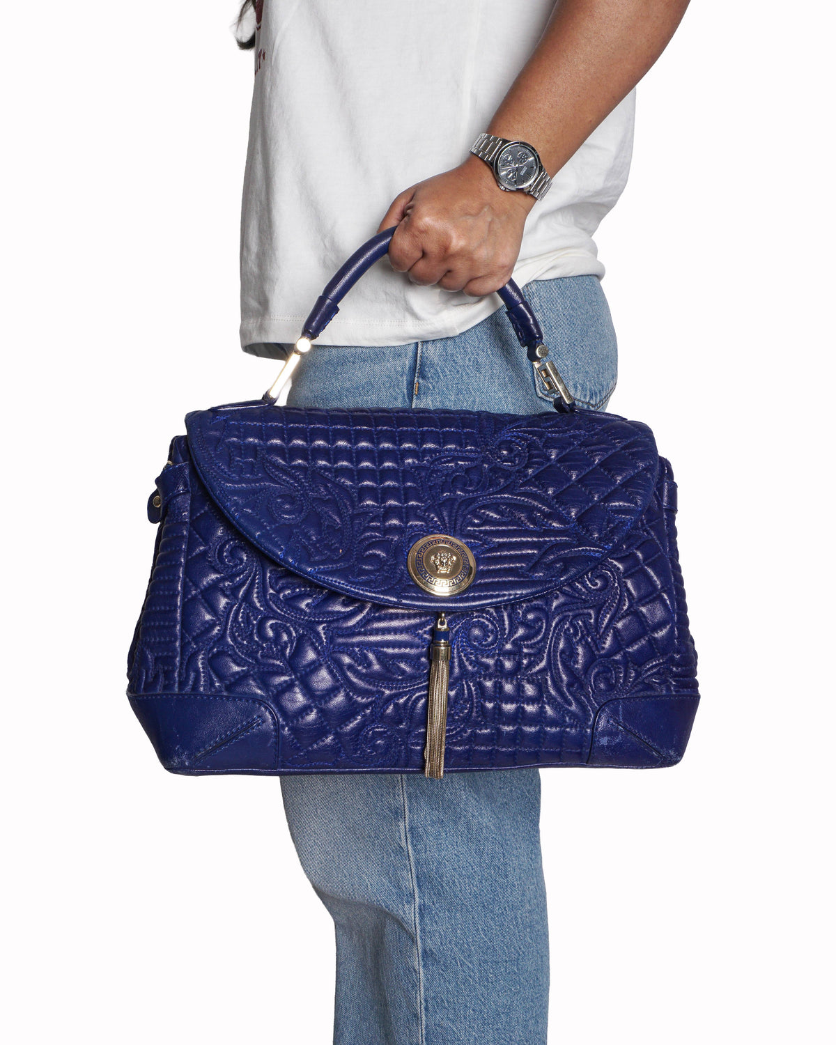 Versace Blue Vanitas Quilted Leather Medusa Satchel Bag