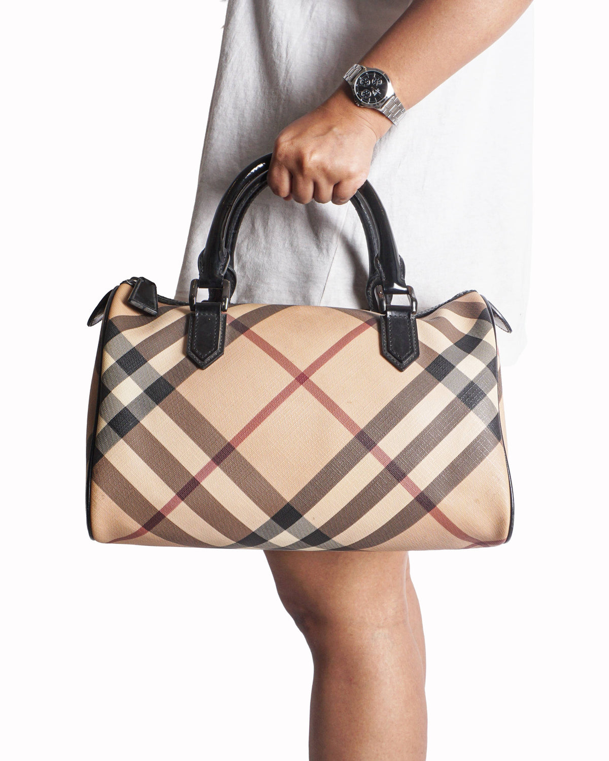 Burberry Black Patent Leather Trim Nova Check Boston Bag