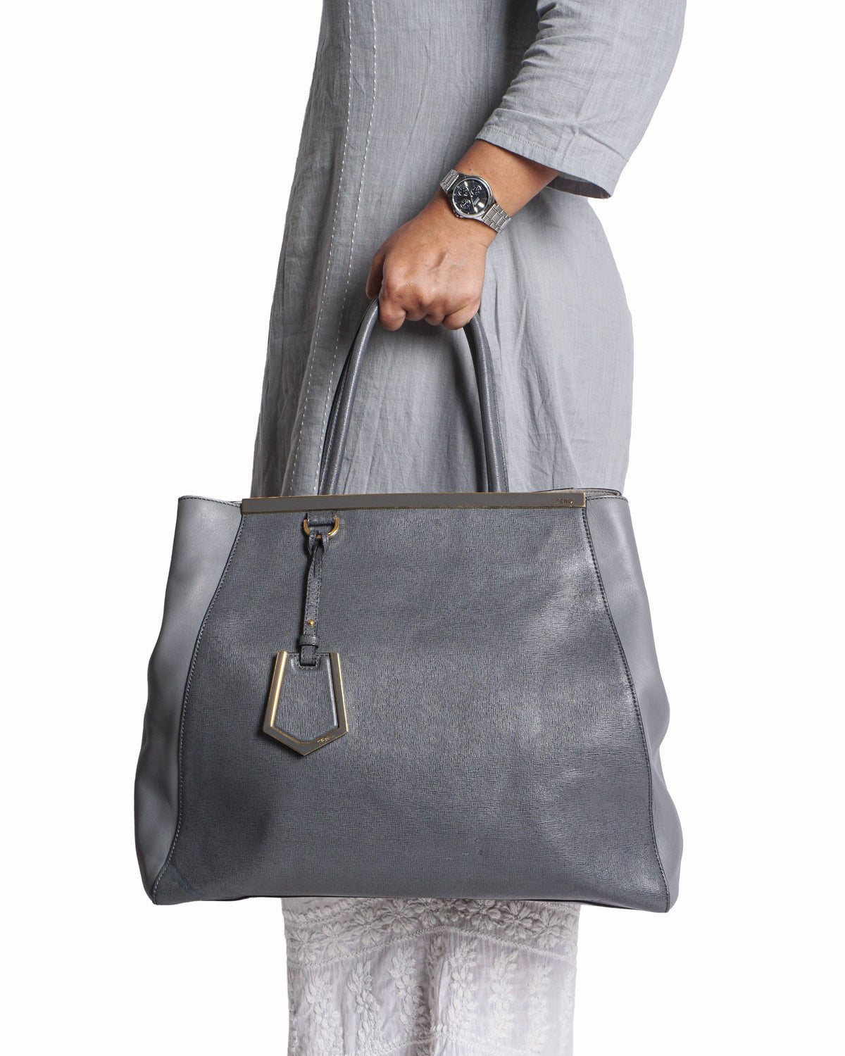 Fendi Vitello Elite Large 2Jours Grey Tote