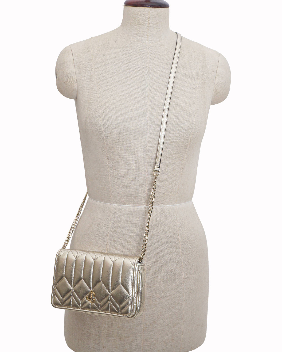 Jimmy Choo Metallic Gold Quilted Nappa Leather Wallet On Chain
