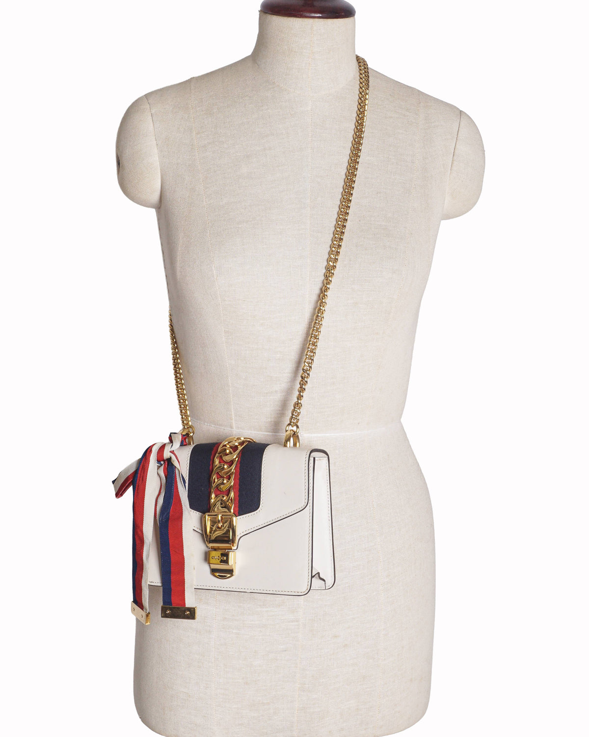 Gucci Sylvie White Calfskin Chain Shoulder Bag