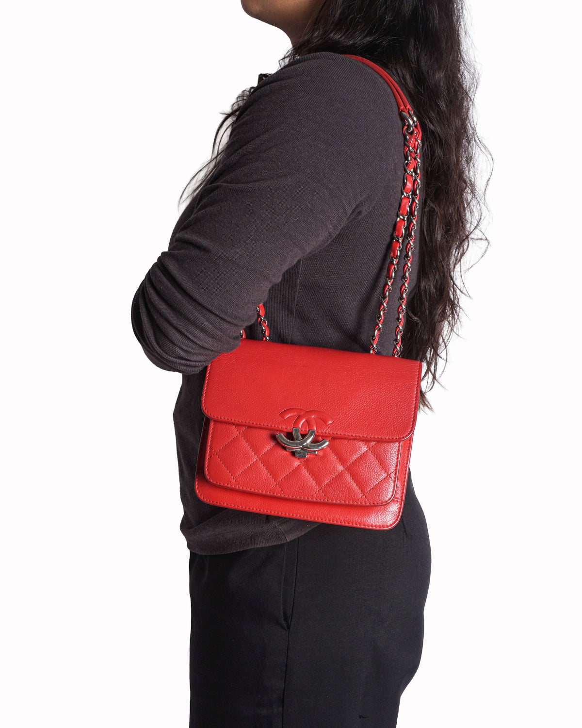 Chanel CC Chain Flap Small Red Leather Shoulder Bag