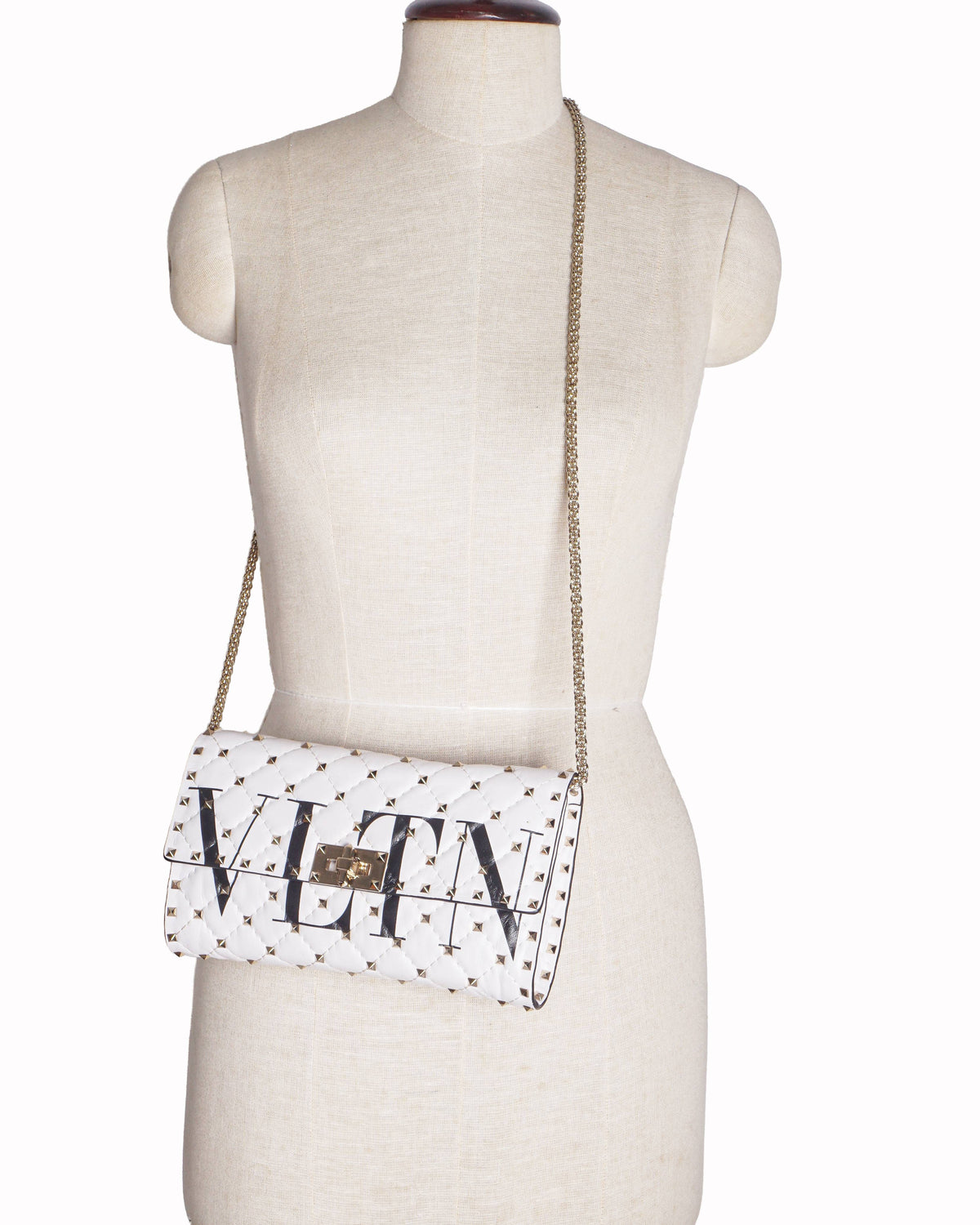 Valentino Garavani White VLTN Rockstud Spike Wallet on Chain