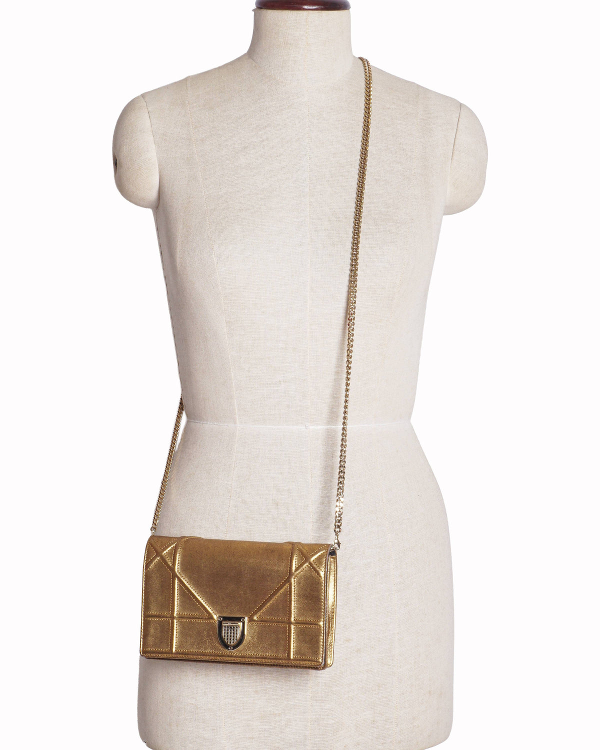 Dior Gold Metallic Leather Diorama Wallet On Chain