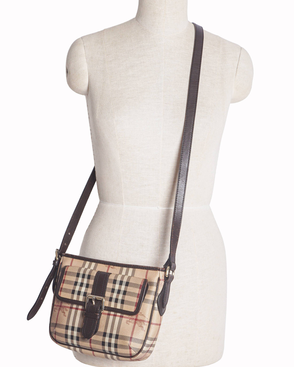 Burberry Haymarket Check Dark Brown Leather Trim Crossbody Bag