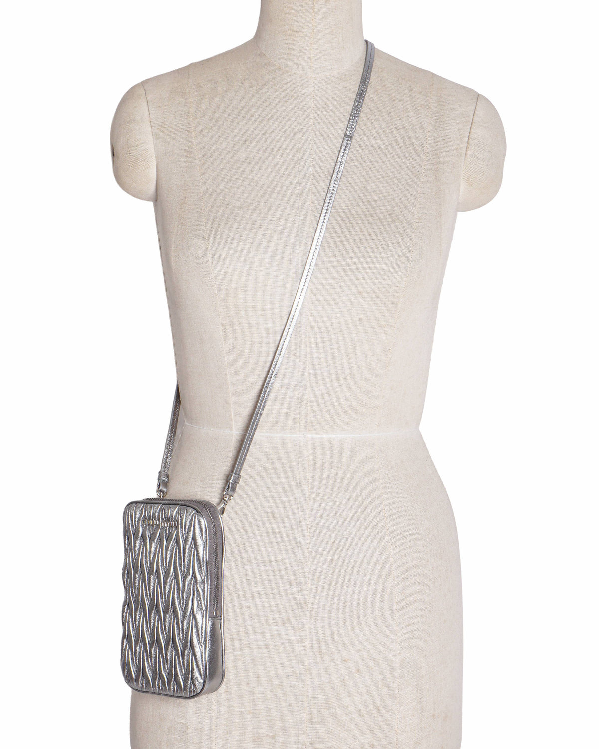 Miu Miu Silver Metallic Matelassé Nappa Leather Phone Holder Crossbody Bag