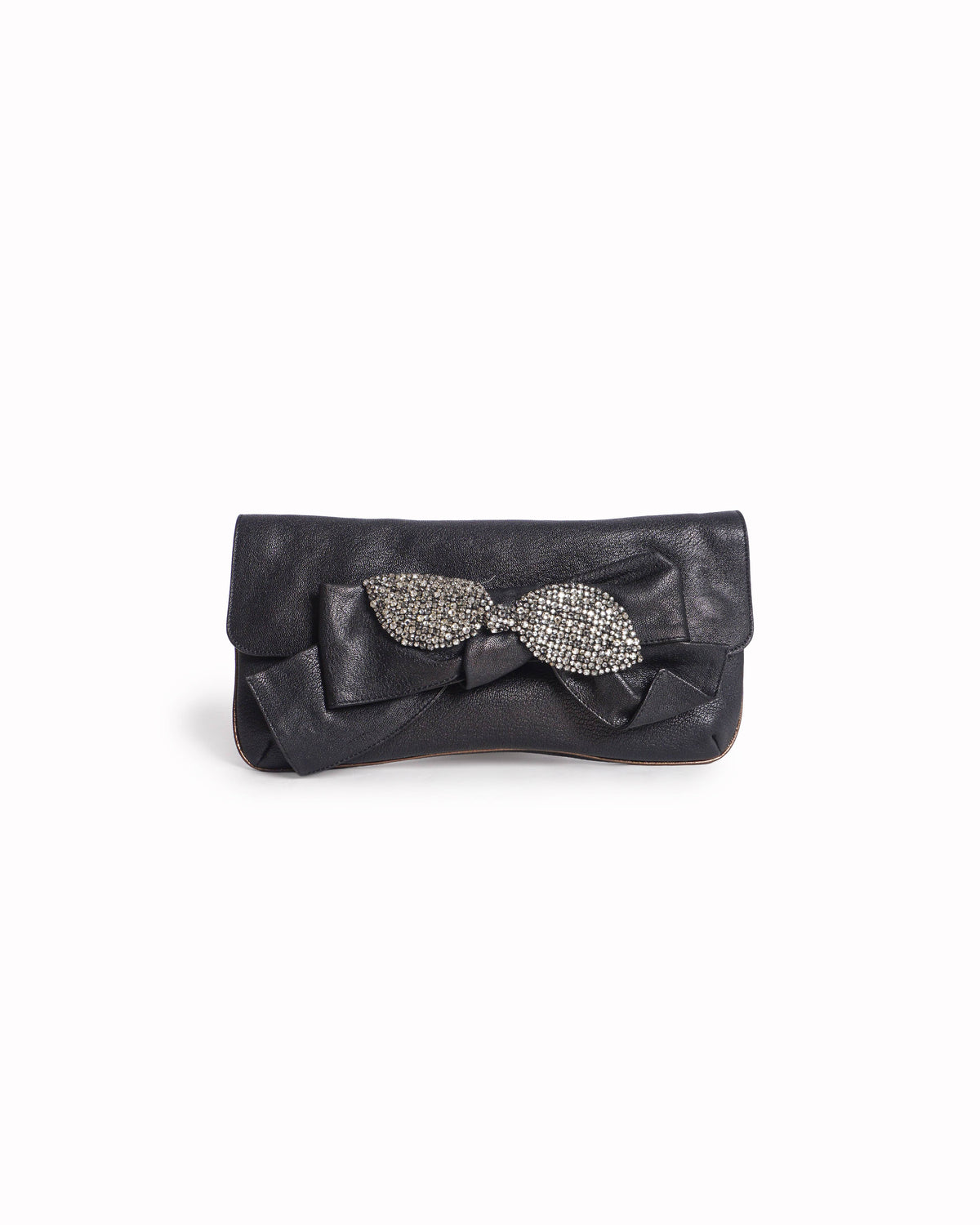 See by Chloé Black Leather Crystal Bow Envelope Clutch