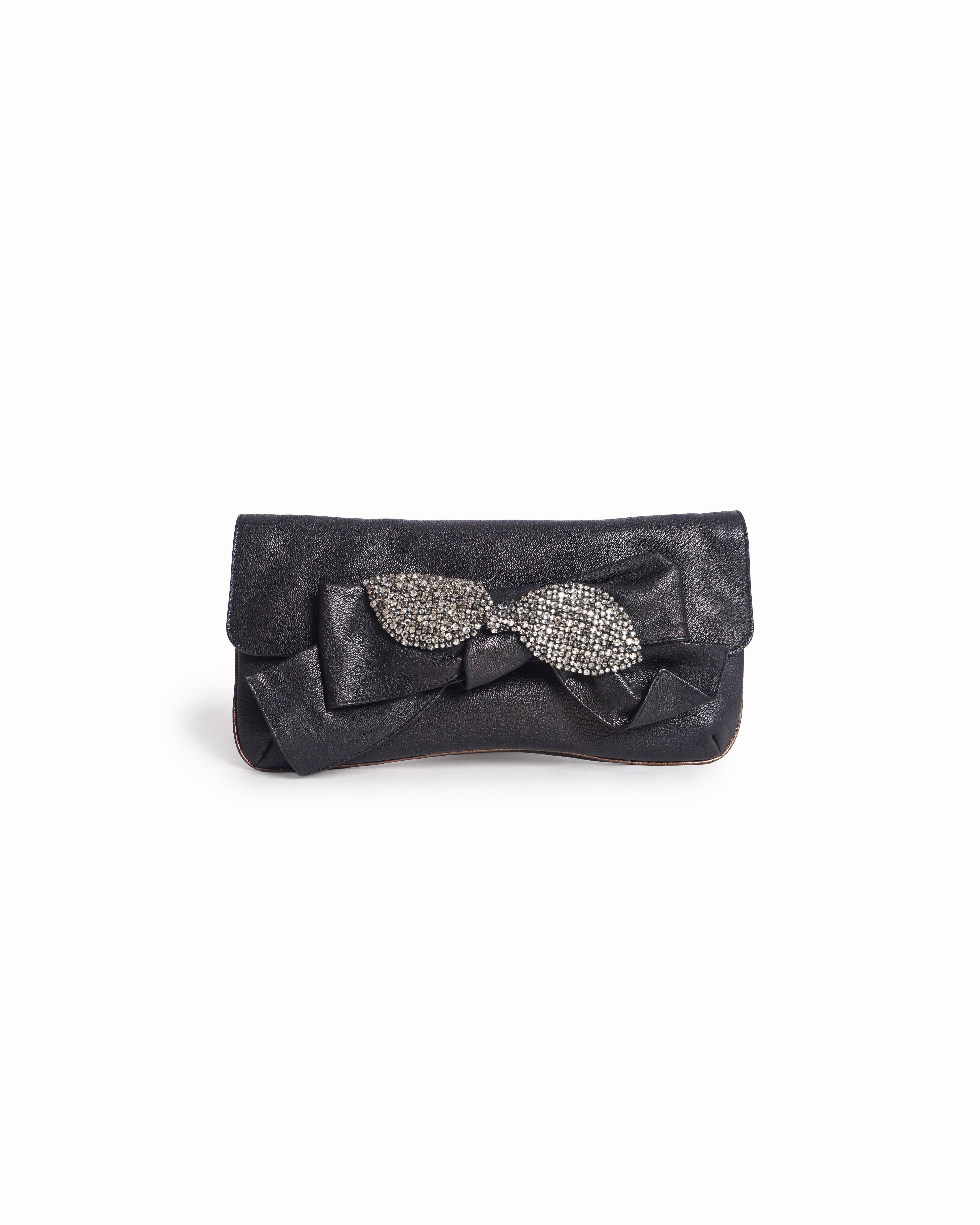 See by Chloé Black Leather Crystal Bow Envelope Clutch