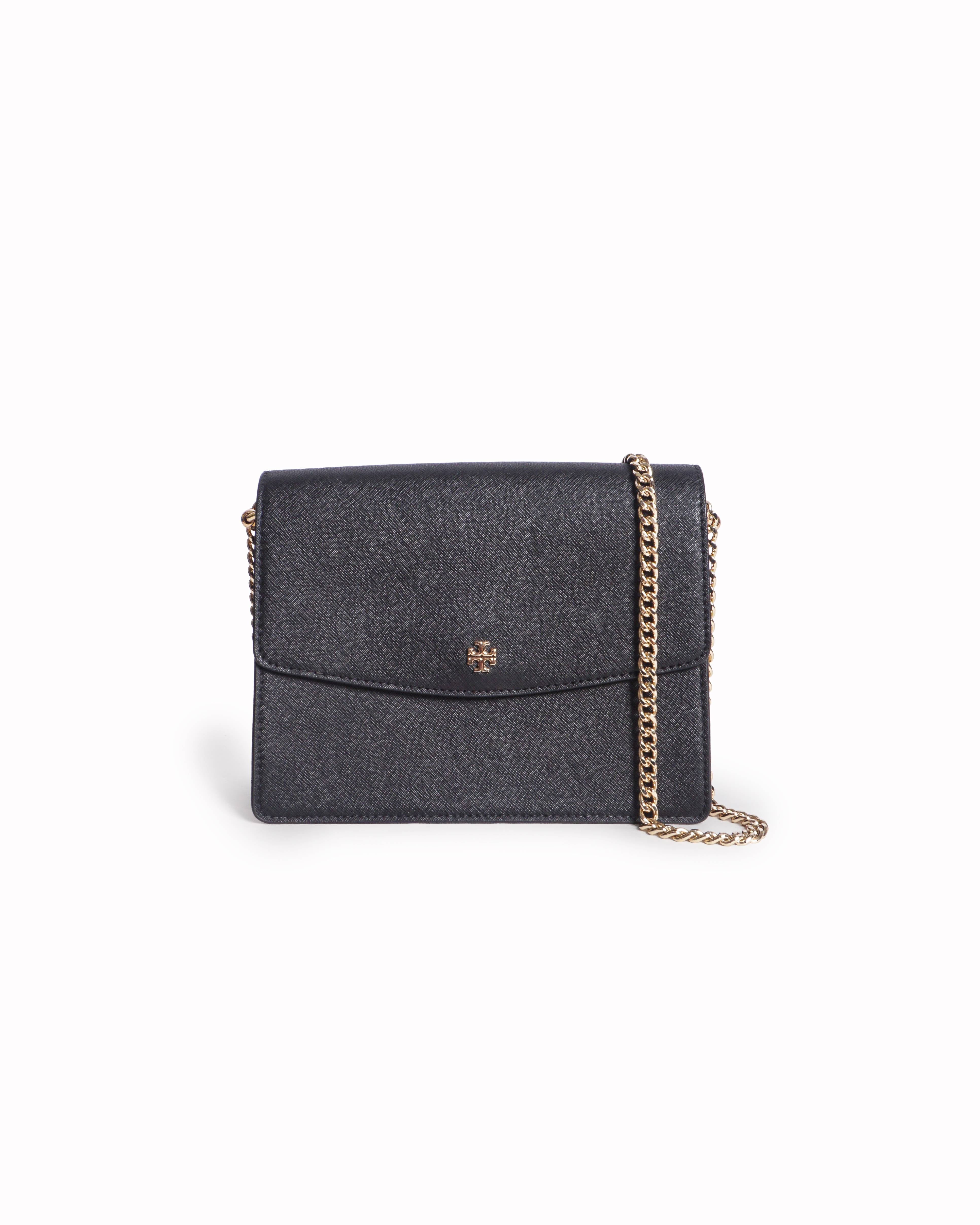 Tory Burch Black Saffiano Leather Emerson Envelope Shoulder Bag